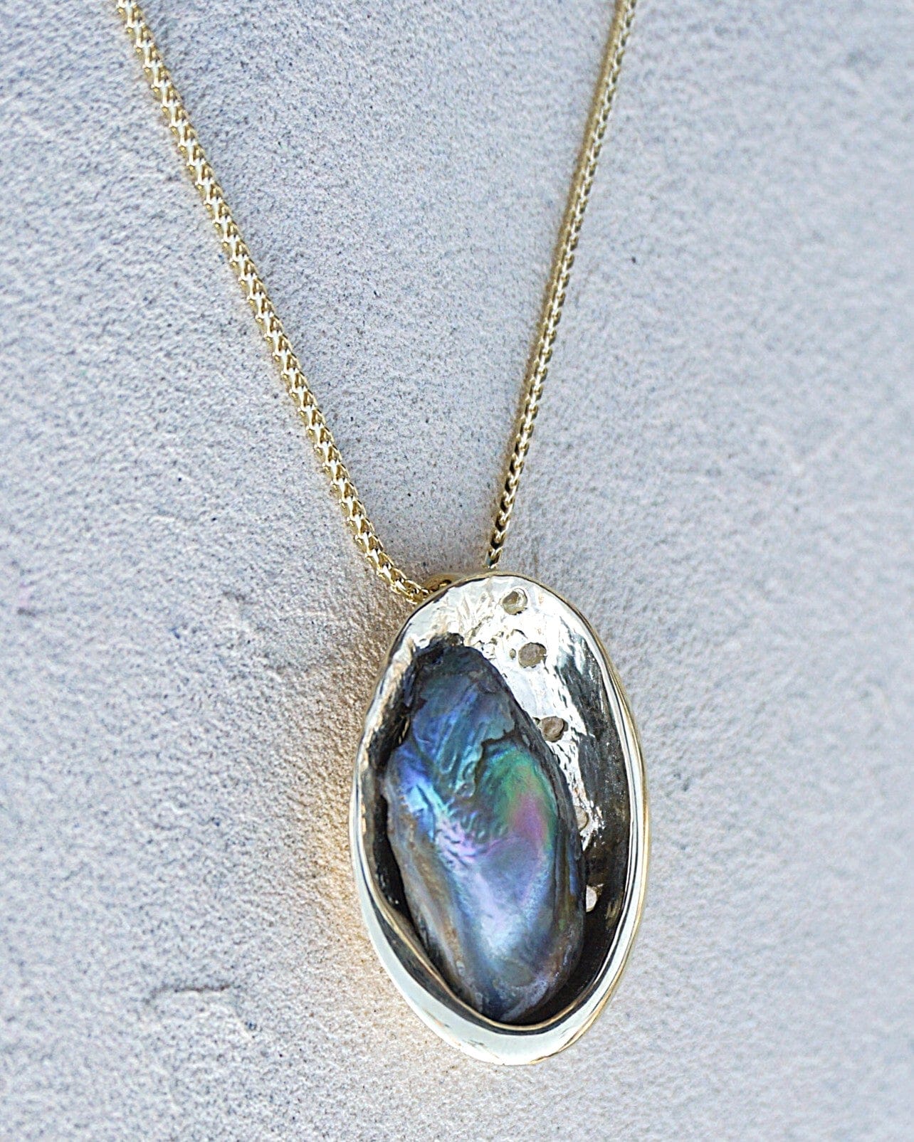 14K Yellow Gold Abalone Shell with Rare Green Abalone Pearl Pendant Michiko Inventory