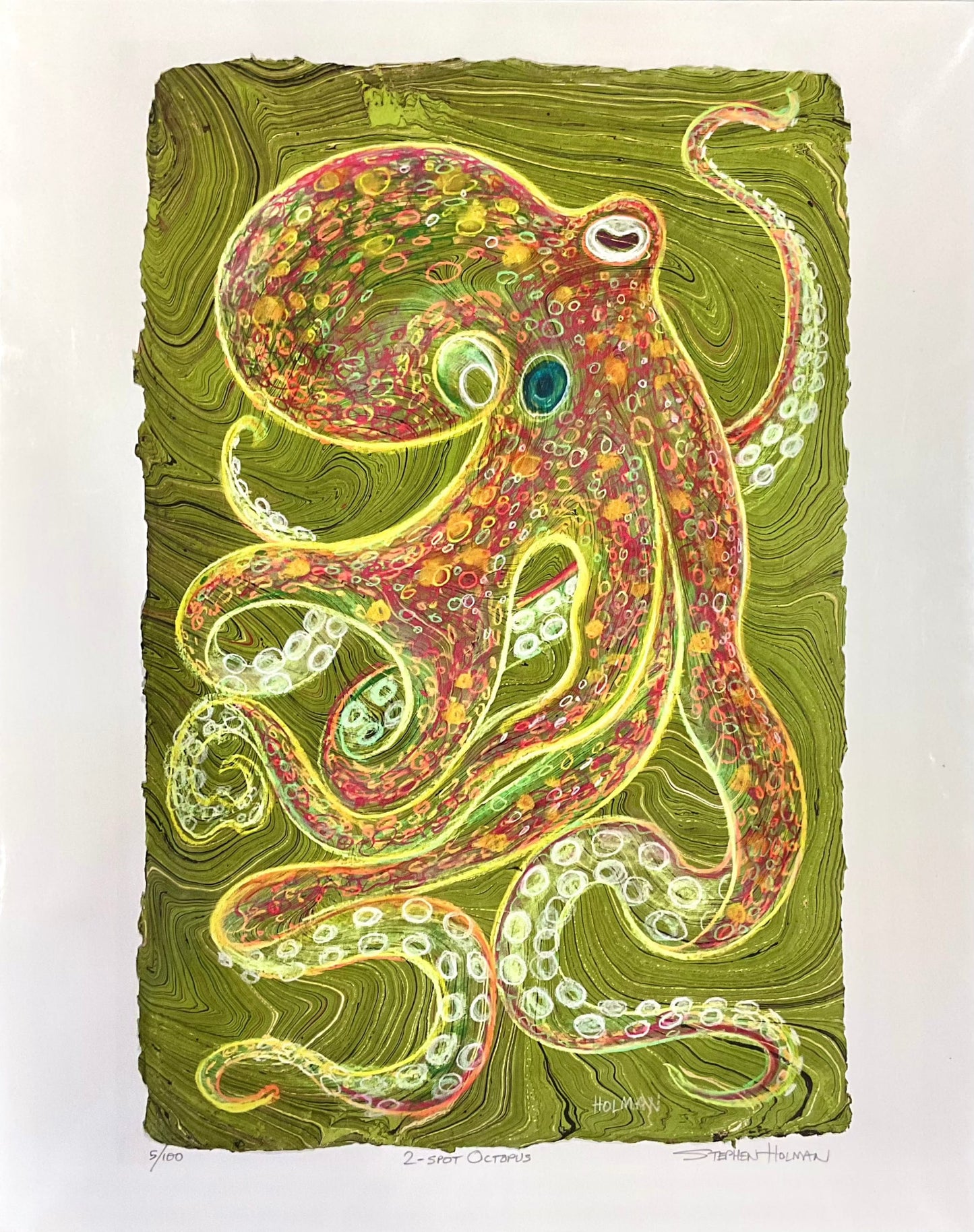 "2-Spot Octopus" Giclee Print in Green/Red Stephen Holman Consignment
