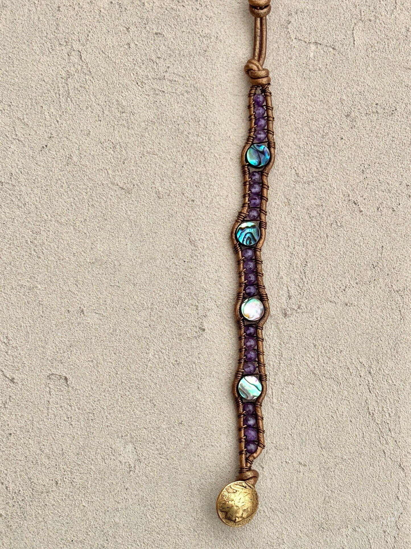 Abalone Shell and Stone Leather Wrap Bracelets Heidi Duran Inventory Abalone and Amethyst