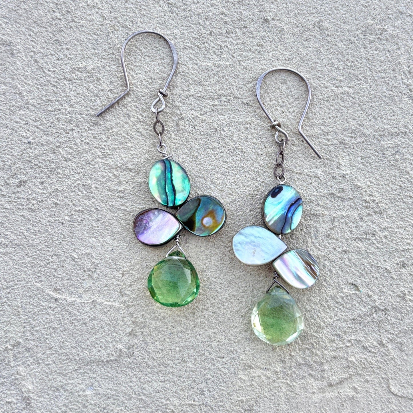Abalone Shell Earrings Elise Peters Consignment 2.5"  Green Quartz and Abalone