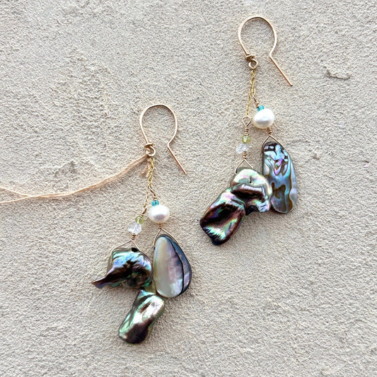 Abalone Shell Earrings Elise Peters Consignment 2.5" Herkimer Diamond Corn Flake Pearls and Abalone