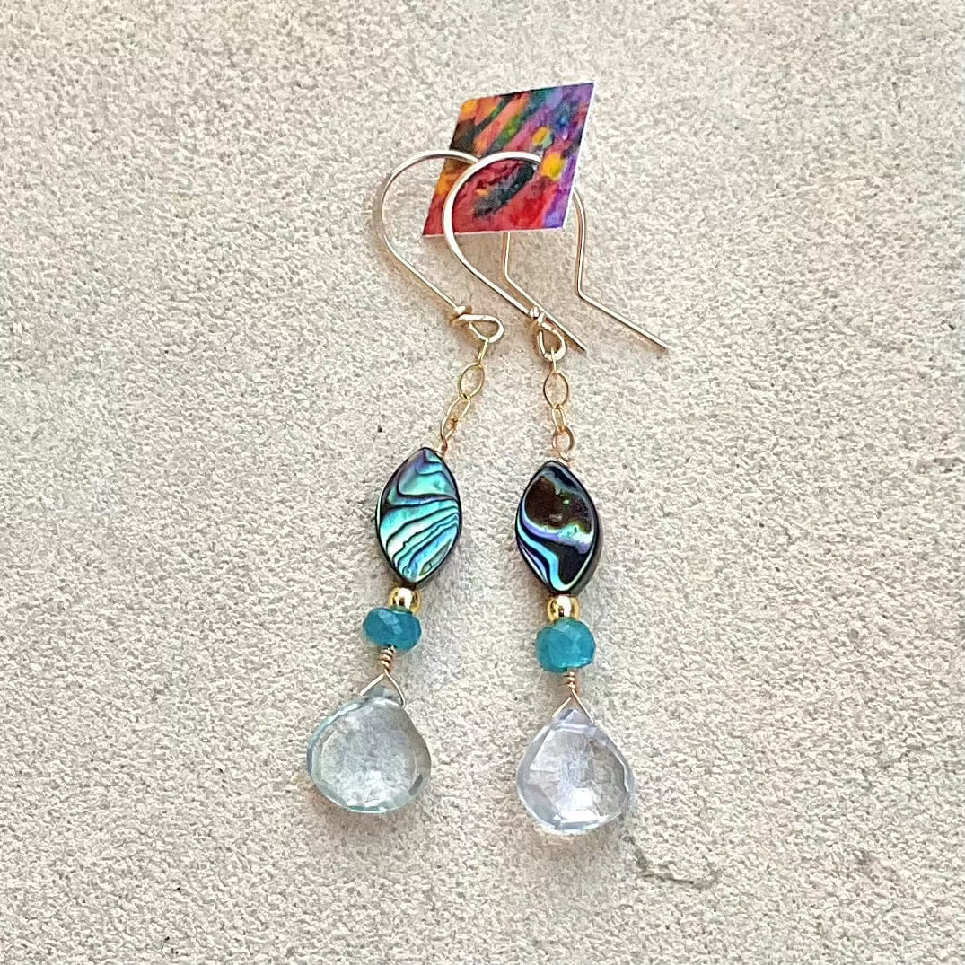 Abalone Shell Earrings Elise Peters Inventory 2.25" Apatite Aquamarine and Abalone