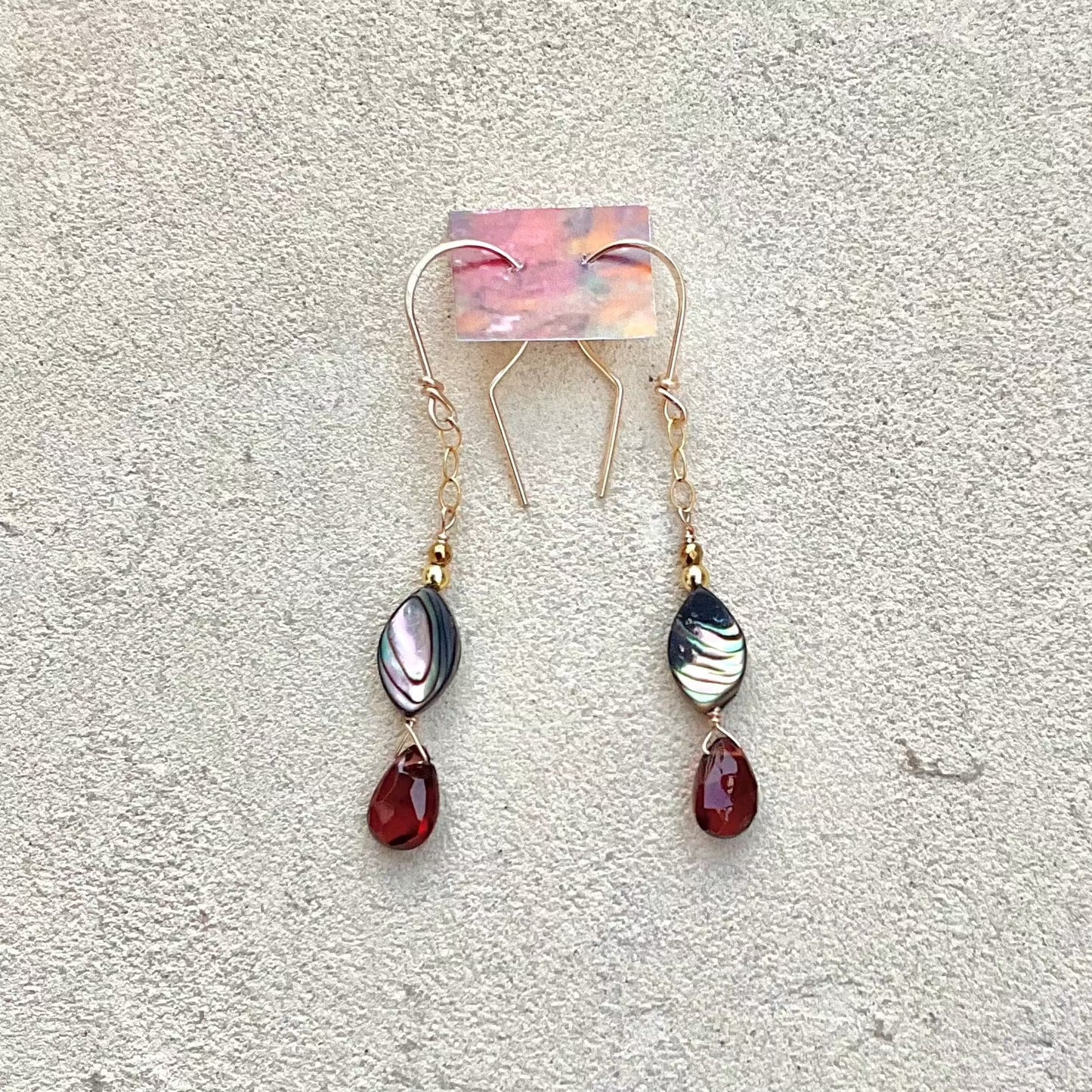 Abalone Shell Earrings Elise Peters Inventory 2.25" Garnet and Abalone