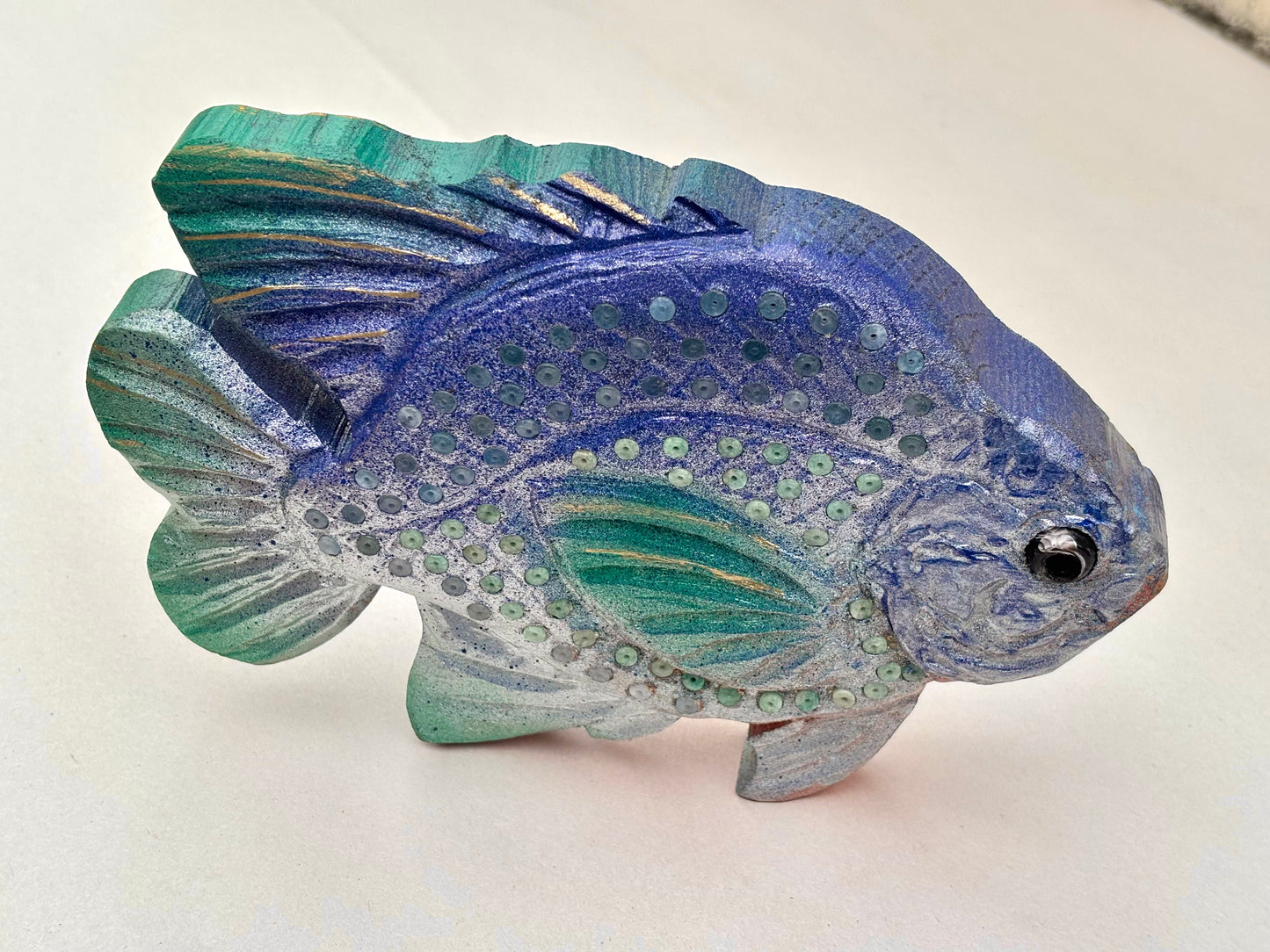 Amazonite Beaded Wooden Purple/Green 3-Dimensional Fish Daniel Floyd Consignment