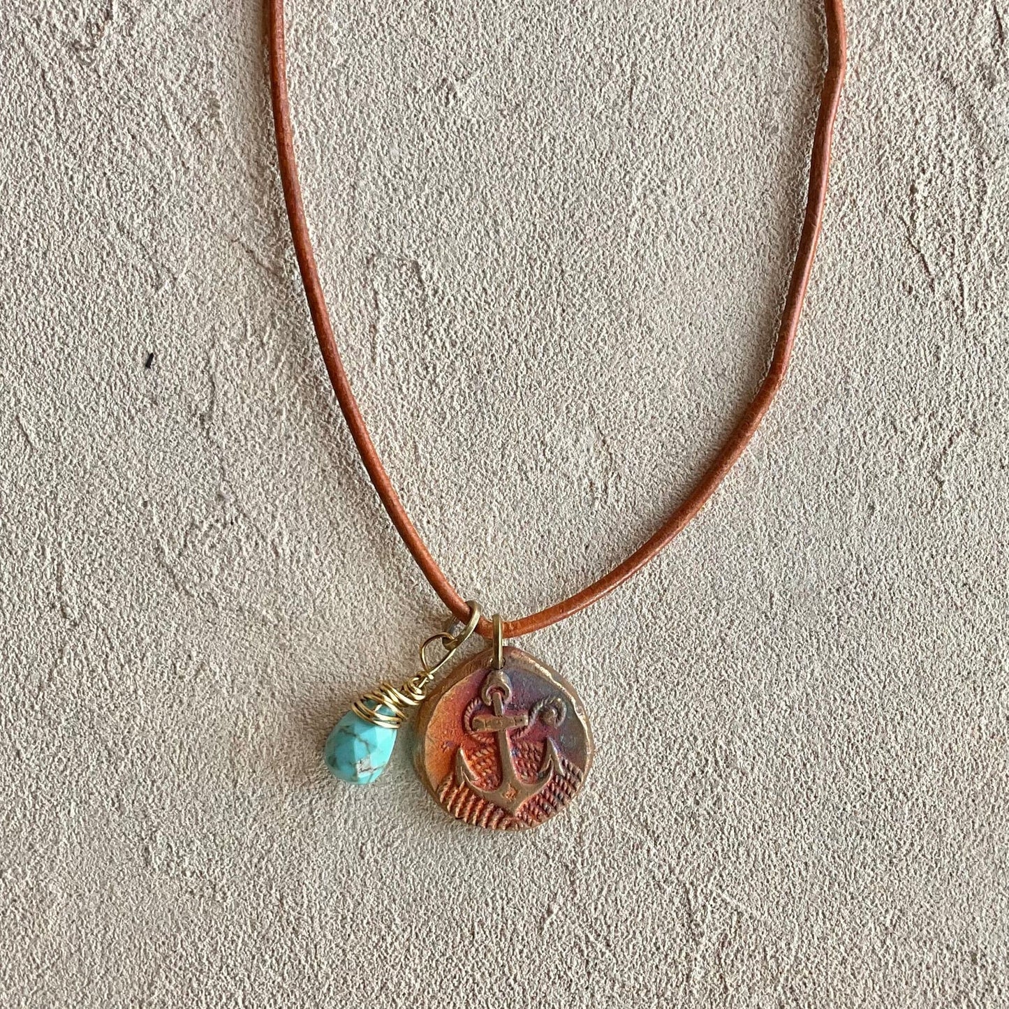 Anchor Shell Woven Necklace - Short Heidi Duran Inventory Leather with Turquoise charm 20"