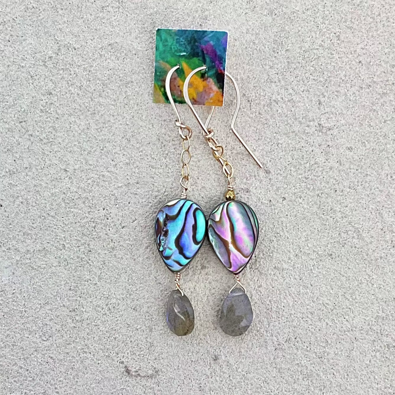 Aquamarine and Labradorite 14K GF Earrings Elise Peters Inventory Labradorite and Abalone