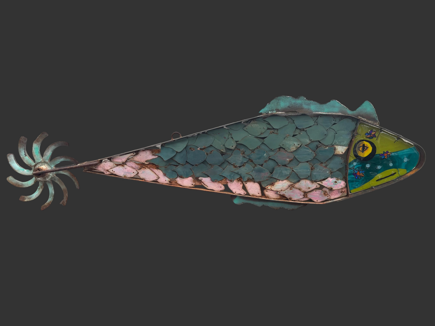 "Blue Scale Fish" Fused Glass Repurposed Volkswagon Door Wired Glass Inventory