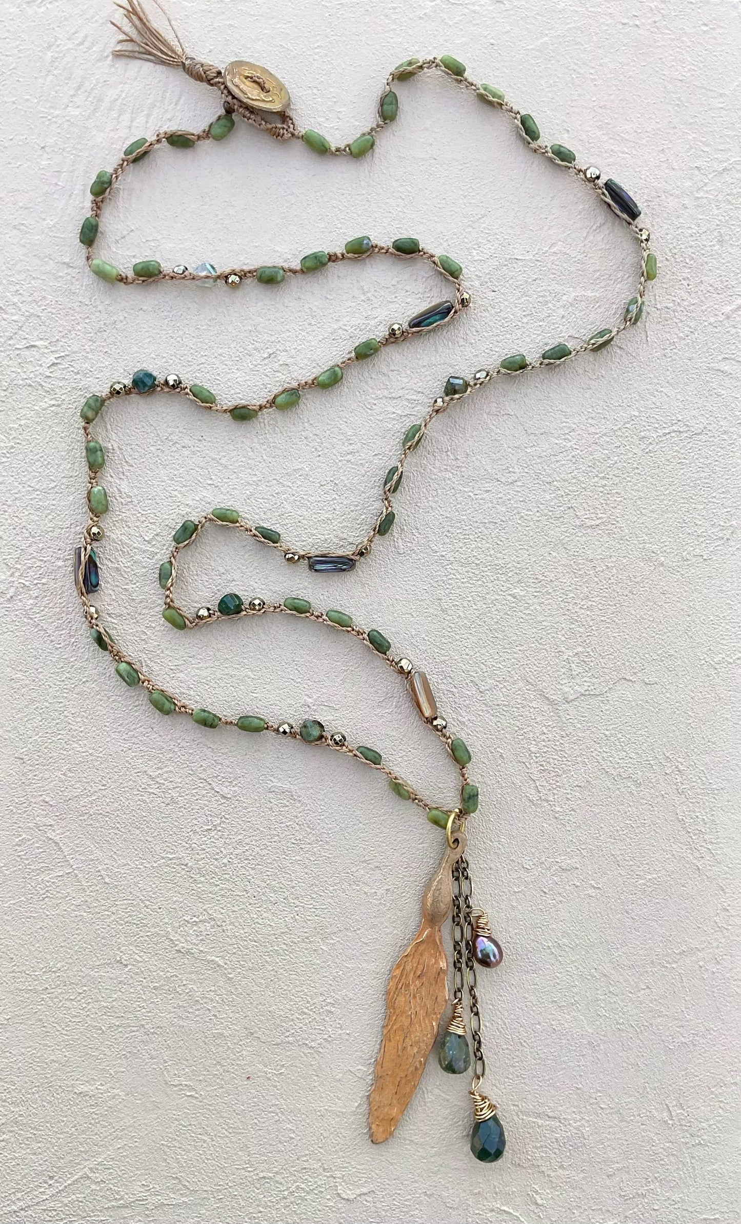 Bronze Kelp Necklaces with Semi-Precious Stones Heidi Duran Inventory Matte Oval Green Jasper and Abalone Shells
