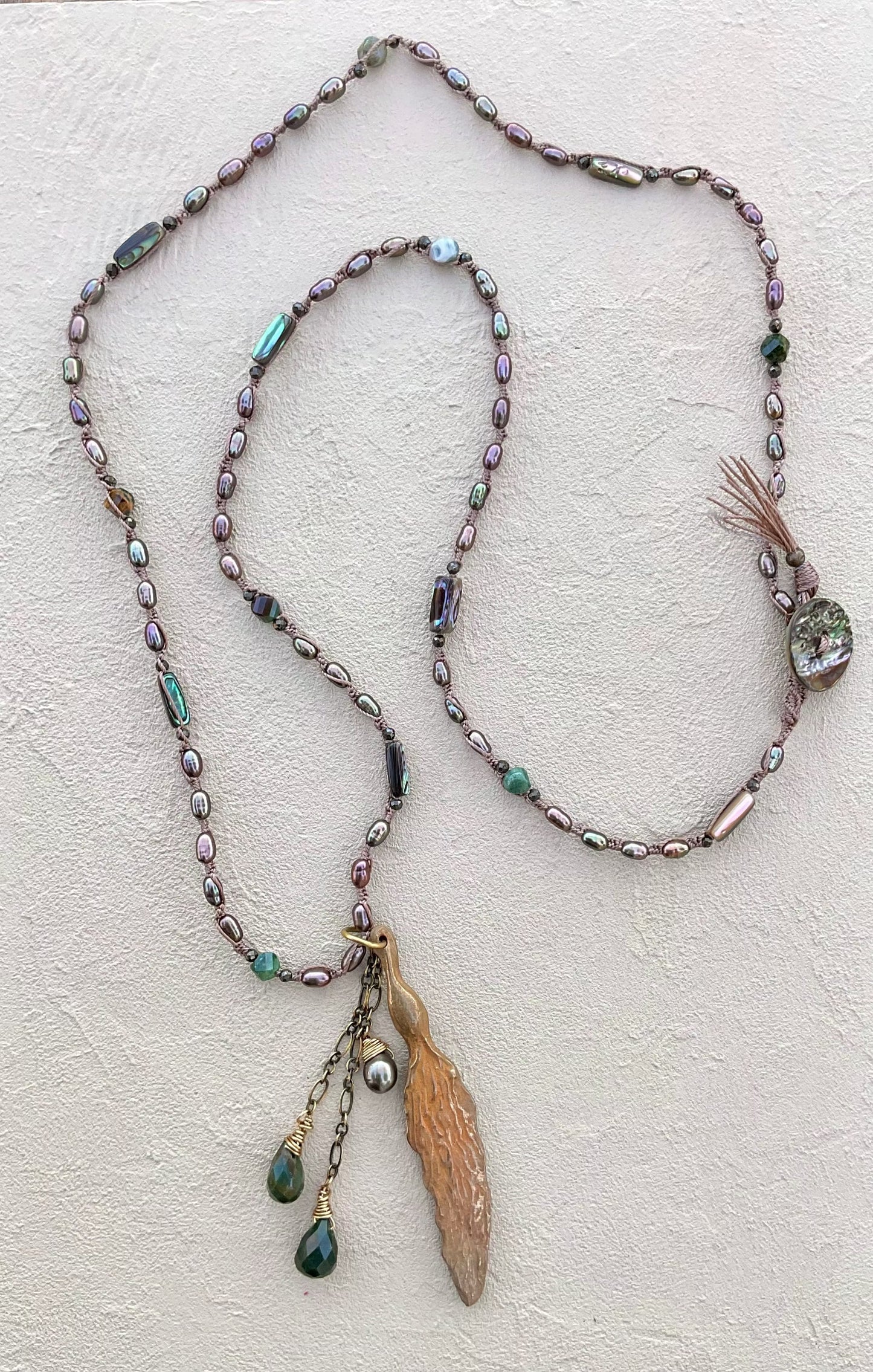 Bronze Kelp Necklaces with Semi-Precious Stones Heidi Duran Inventory Purple-Green Pearls and Oval Abalone Shells