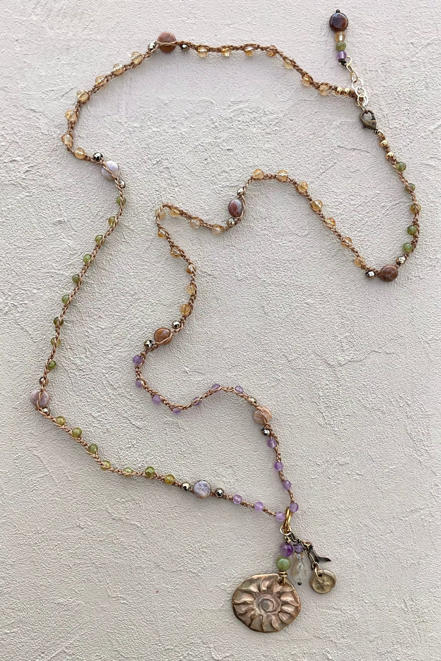 Bronze Pendant with Semi-Precious Stone (Assortment) Heidi Duran Inventory Sun Medallion : Amethyst Peridot and Jasper (34")