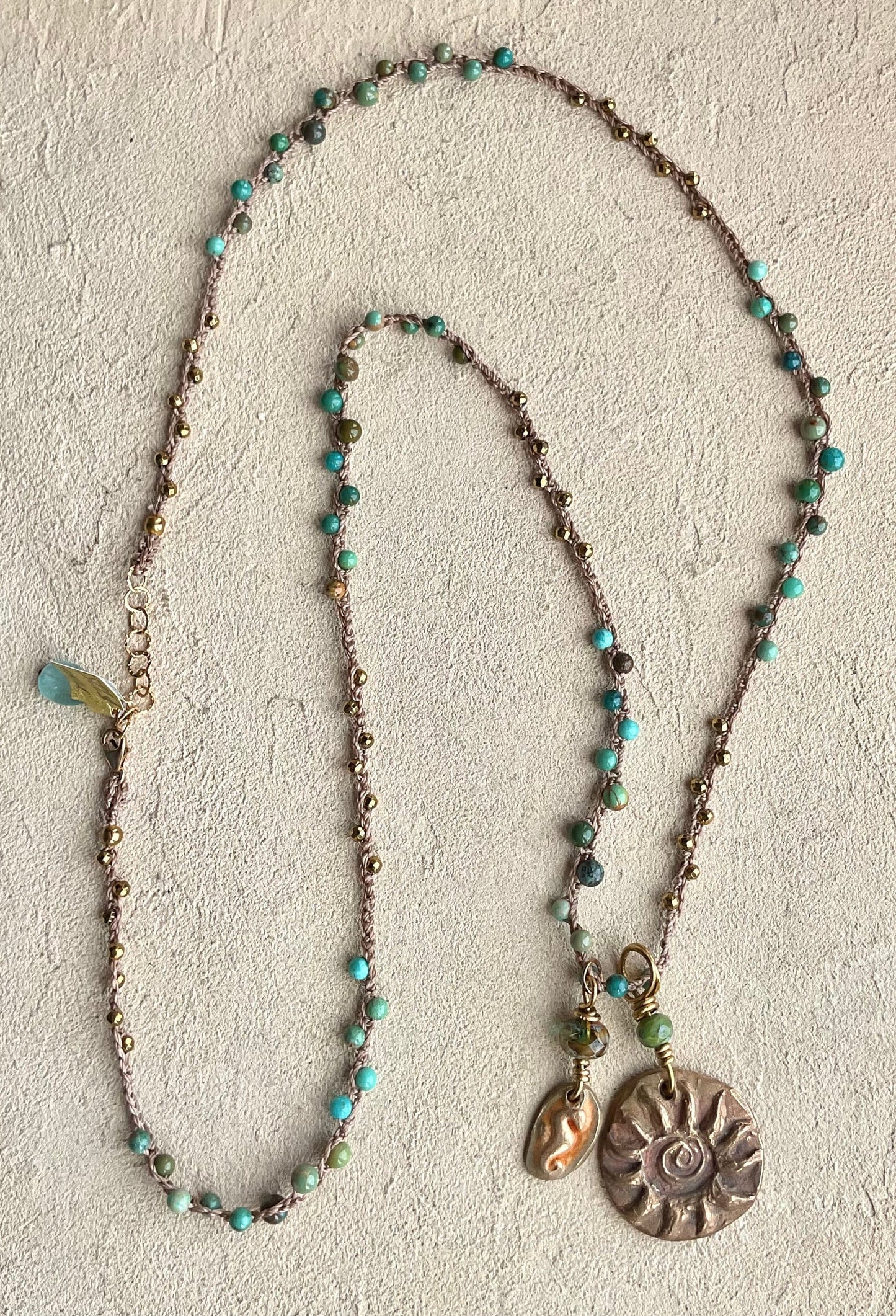 Bronze Pendant with Semi-Precious Stone (Assortment) Heidi Duran Inventory Sunburst : Turquoise & Gold beads