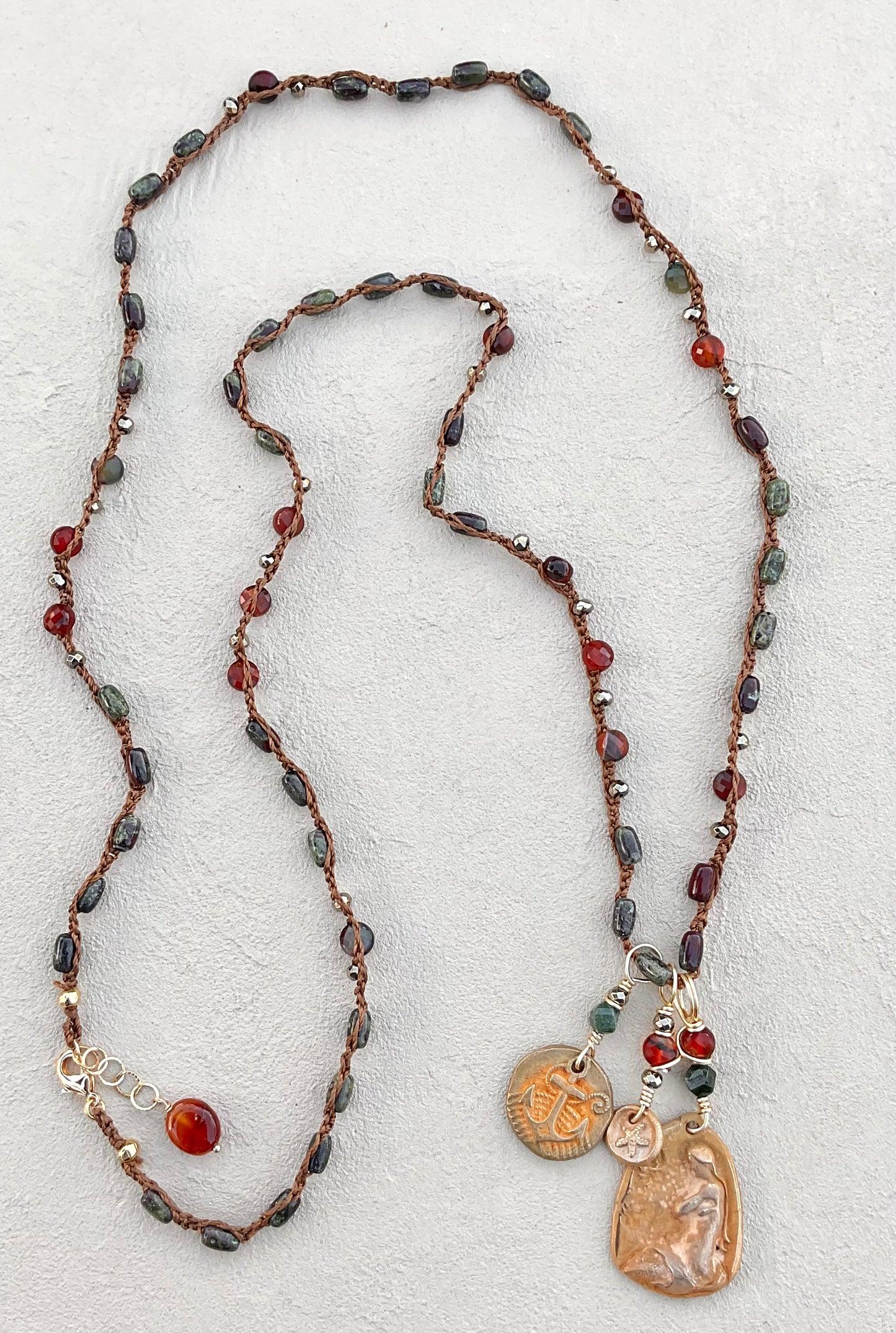 Bronze Pendants on Long Woven Semi-Precious Stone Necklaces (Assortment) Heidi Duran Inventory Seated Mermaid : Jasper Dragon Blood and Carnelian (38")