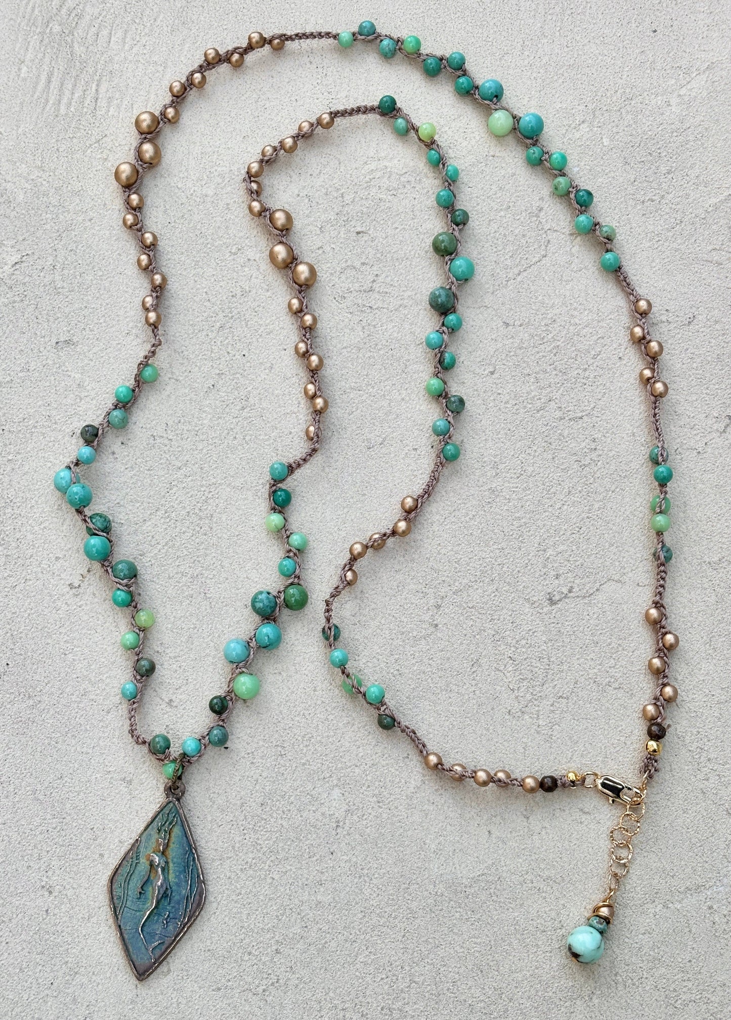 Casino Mermaid Necklace with Semi-Precious Stones Heidi Duran Inventory Green Agate and Gold Beads
