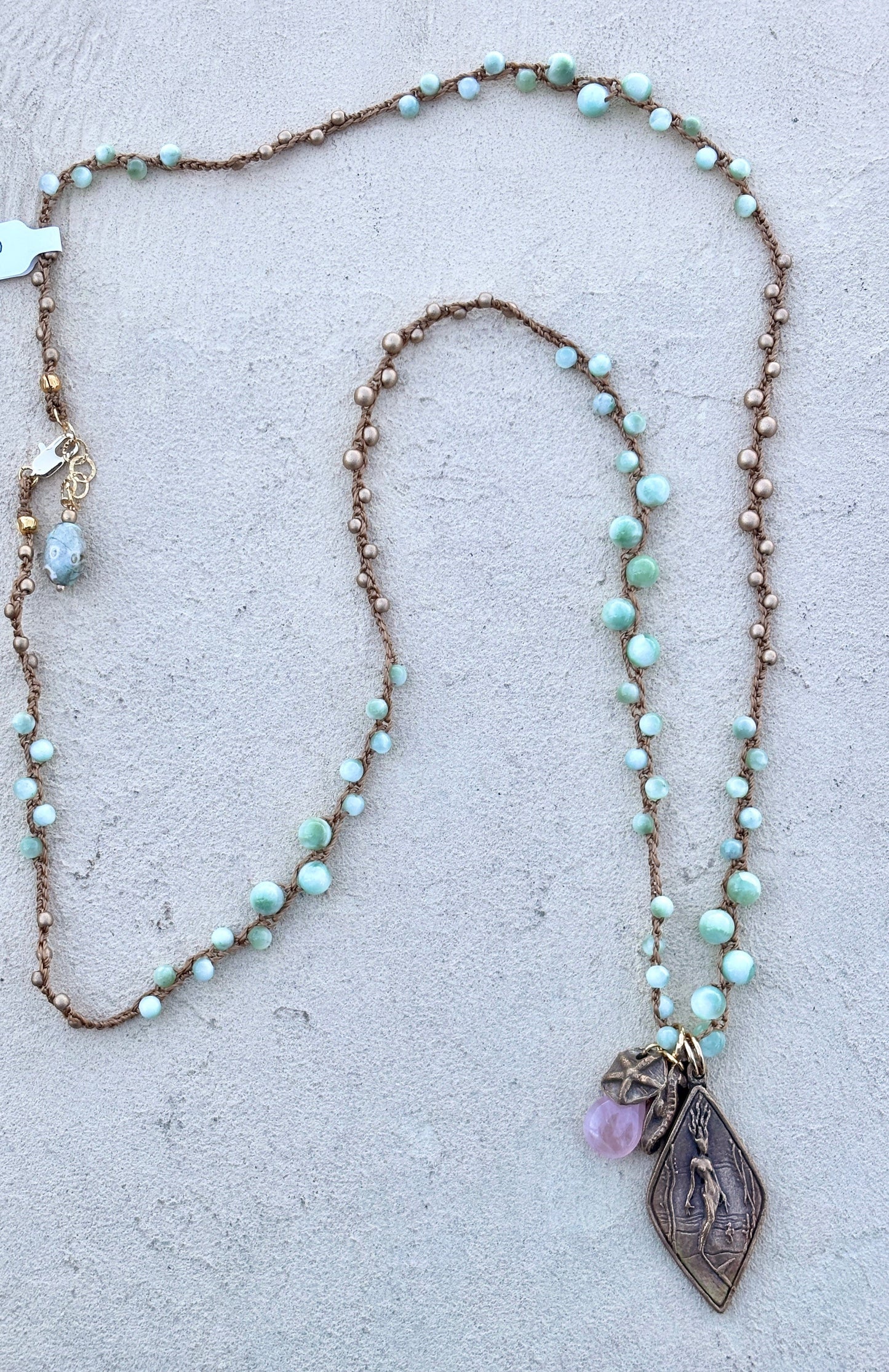 Casino Mermaid Necklace with Semi-Precious Stones Heidi Duran Inventory Green Moonstone and gold beads