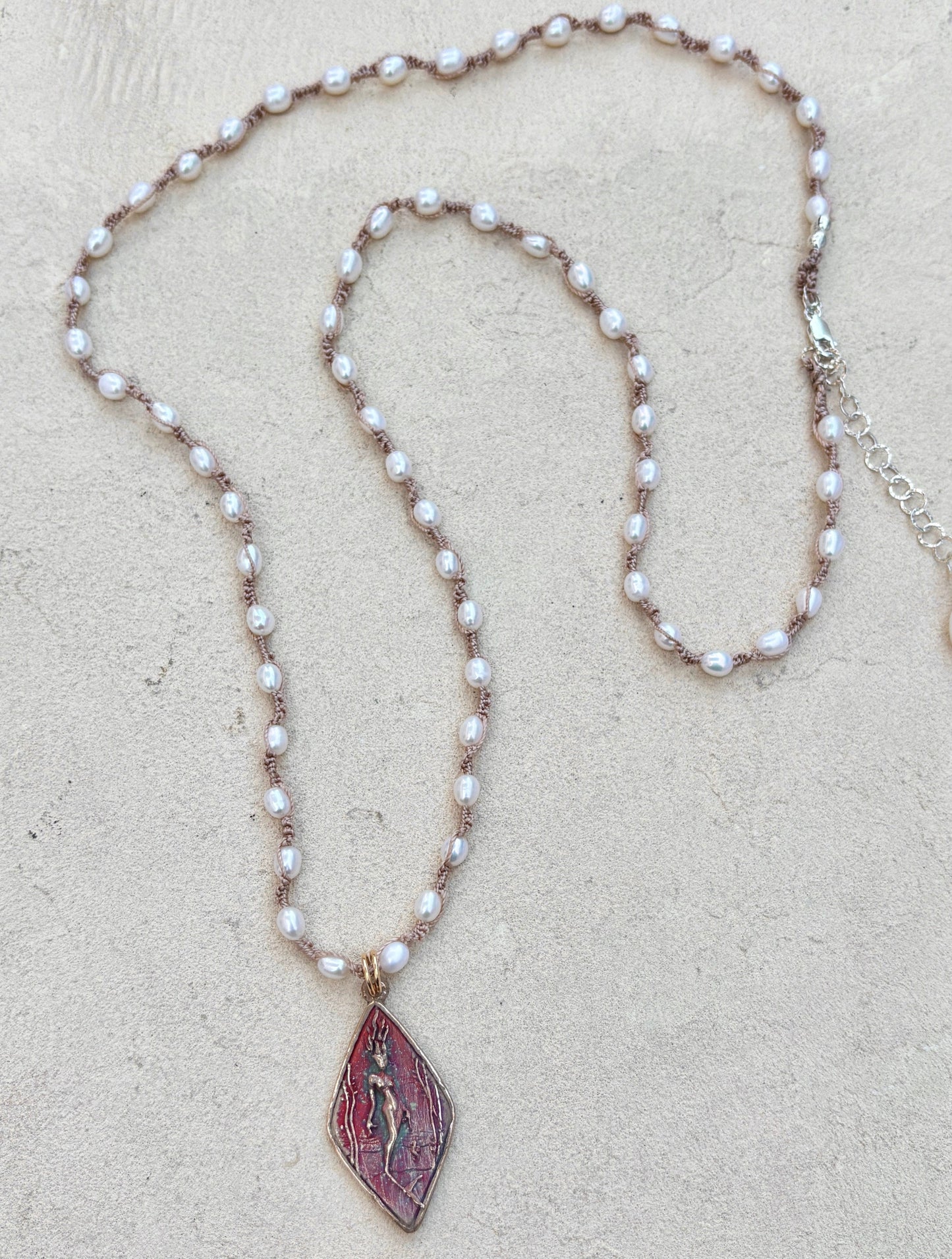Casino Mermaid Necklace with Semi-Precious Stones Heidi Duran Inventory Small White Pearls with Red Patina Pendant