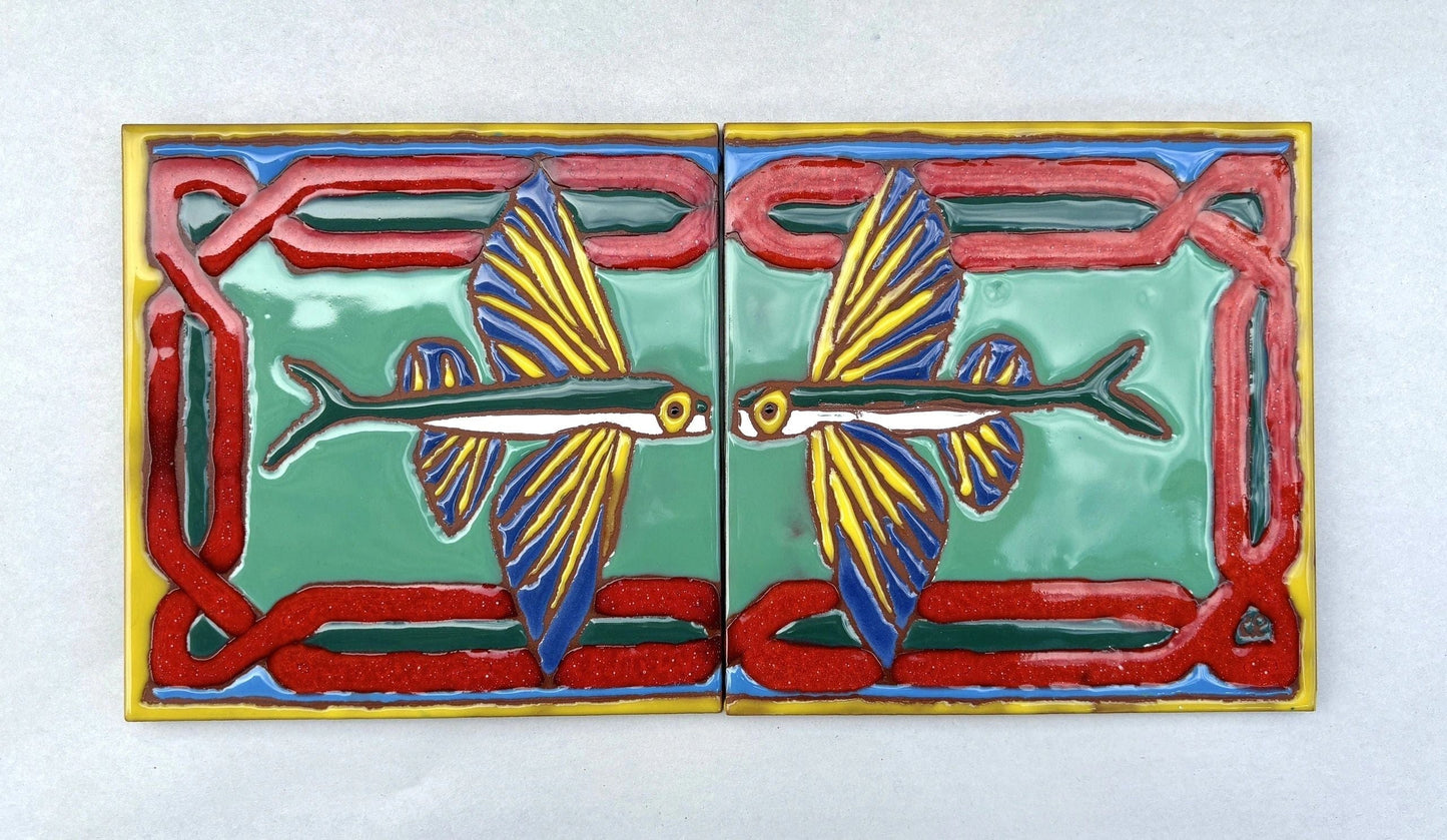 Catalina Island Flying Fish Tile Chris R Consignment 12" x 6" with Green Background