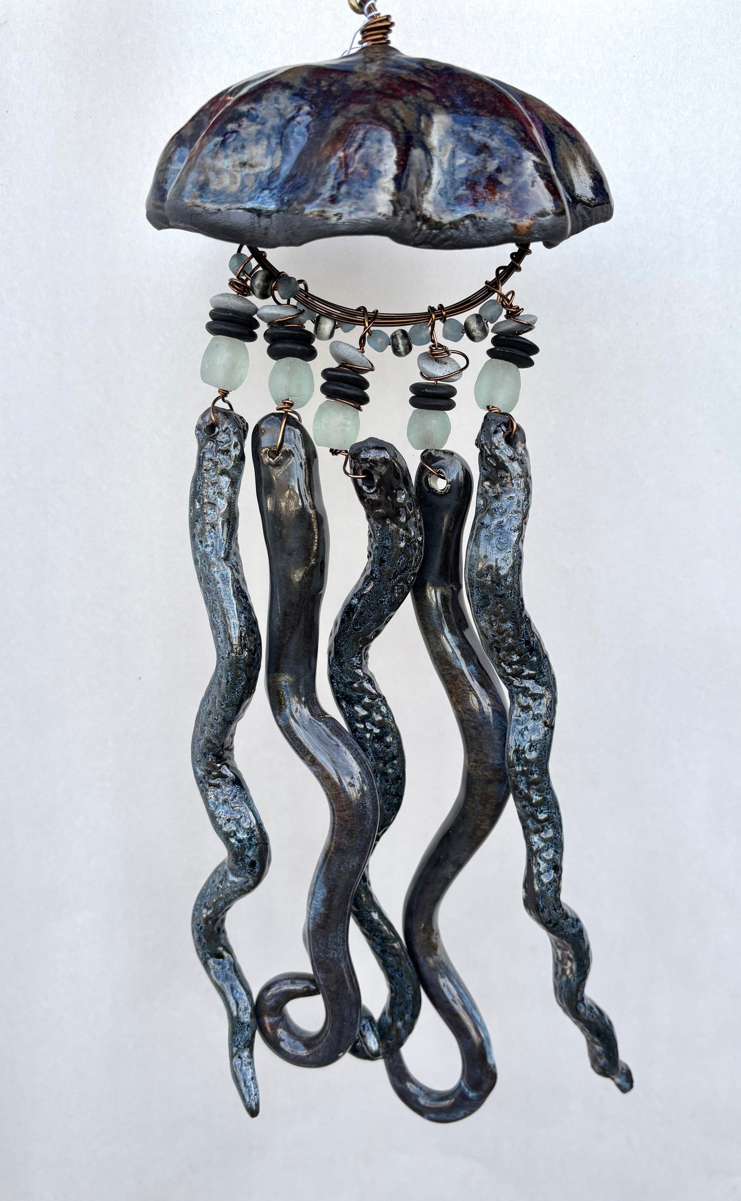 Ceramic Jellyfish Heidi Duran Consignment Large : Steel Gray w/ Mauve Tones Beads (6" x 14")