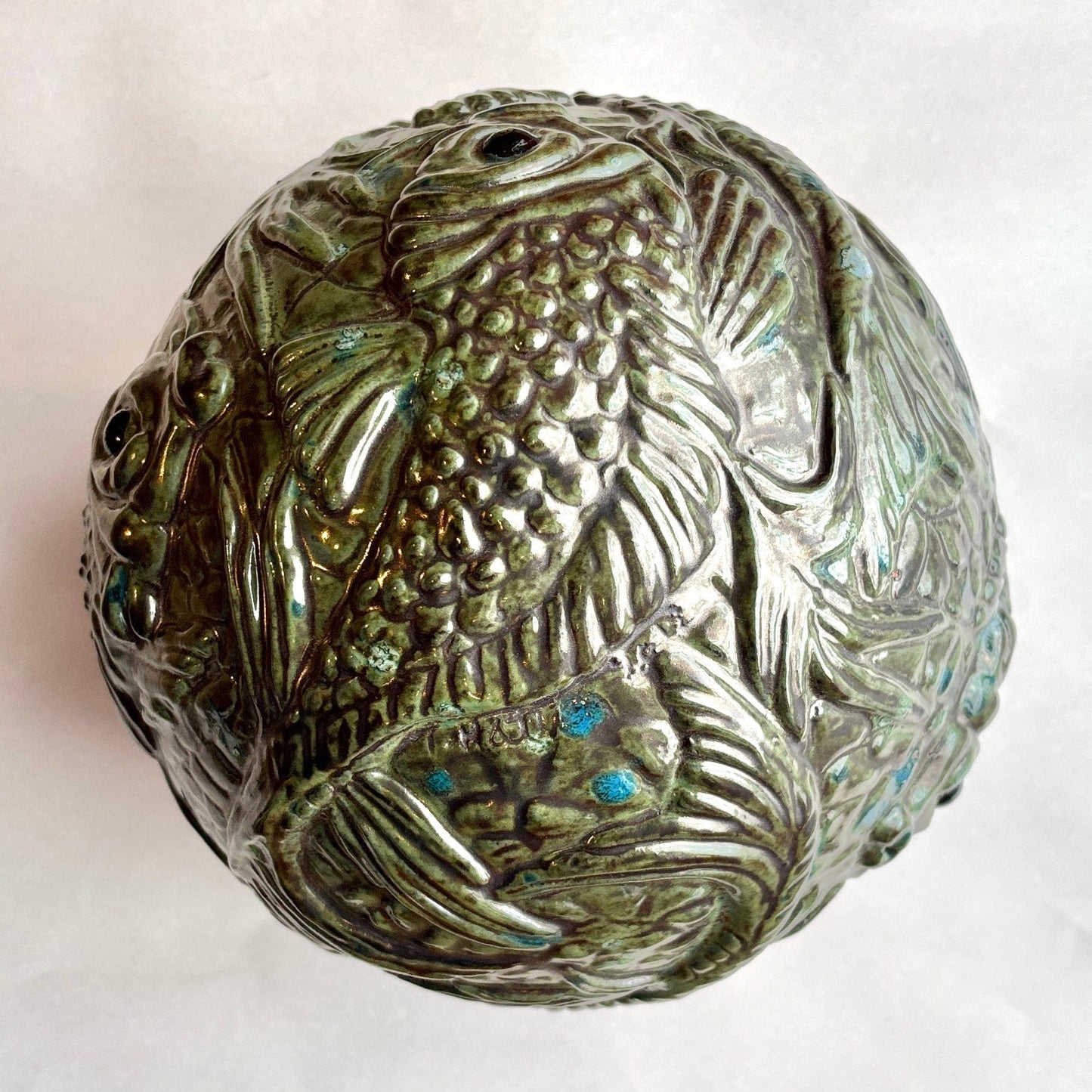 Ceramic Koi Fish Ball Sculpture Tom Hatton Consignment Metallic Green