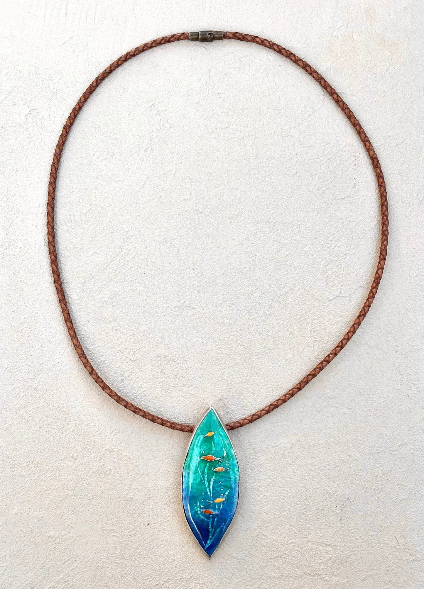 Cloisonné Enamel Undersea Scene- Sterling Pendant on Leather TERRY W. Consignment