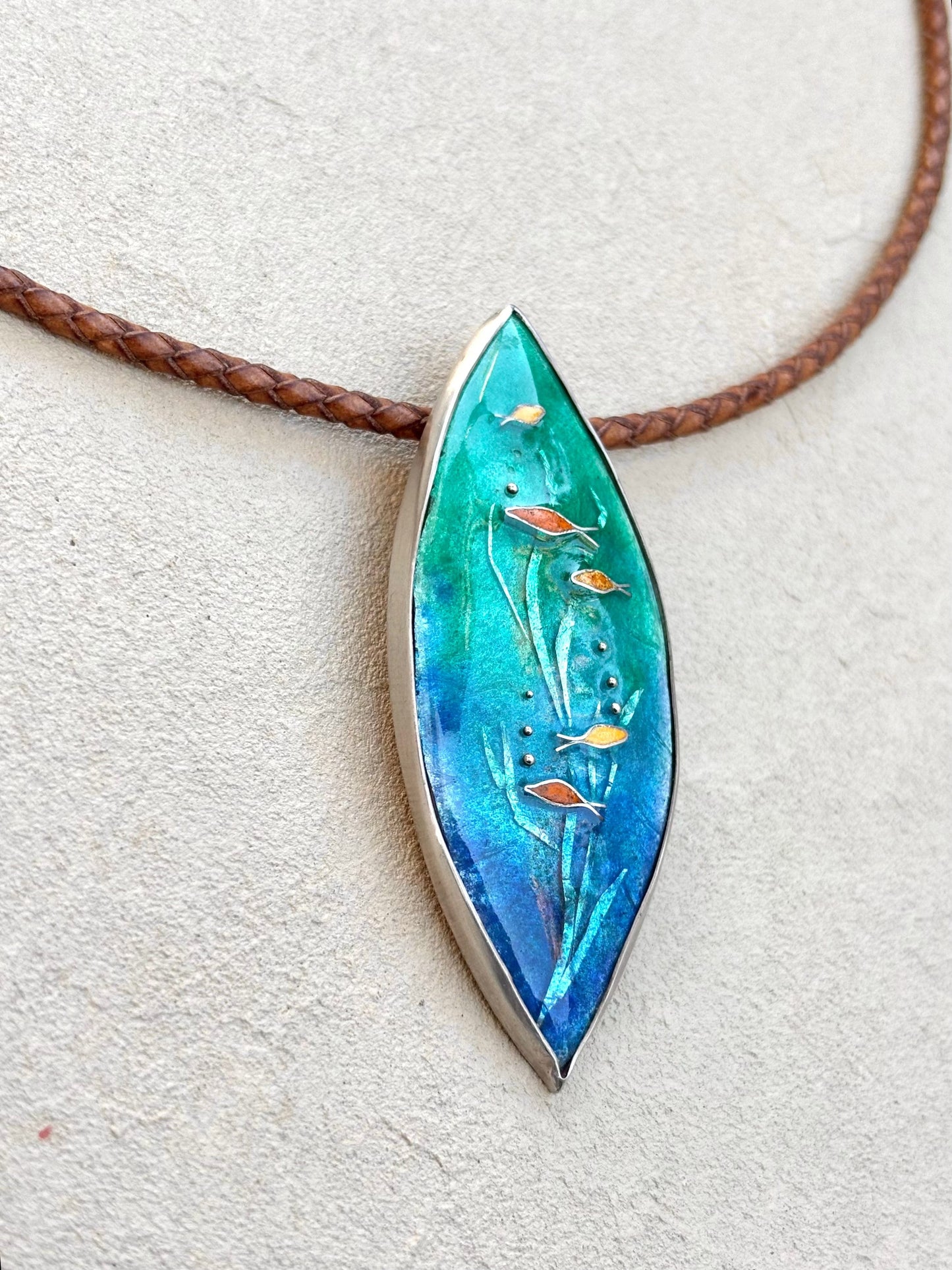 Cloisonné Enamel Undersea Scene- Sterling Pendant on Leather TERRY W. Consignment