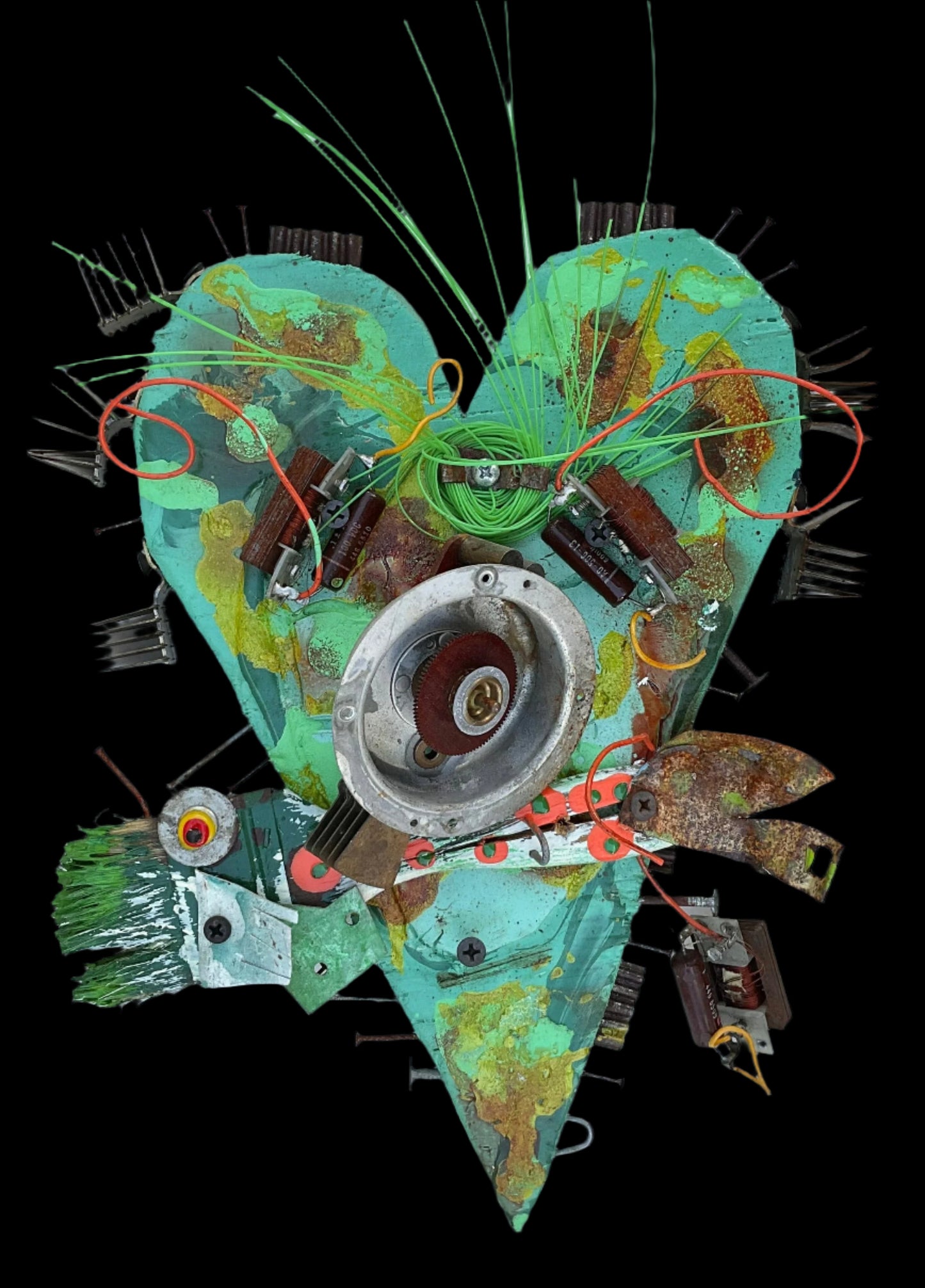 "Corazoncitos" - Folk Art by Rodrigo Rodrigo Consignment 3. Green with Orange Polka dots