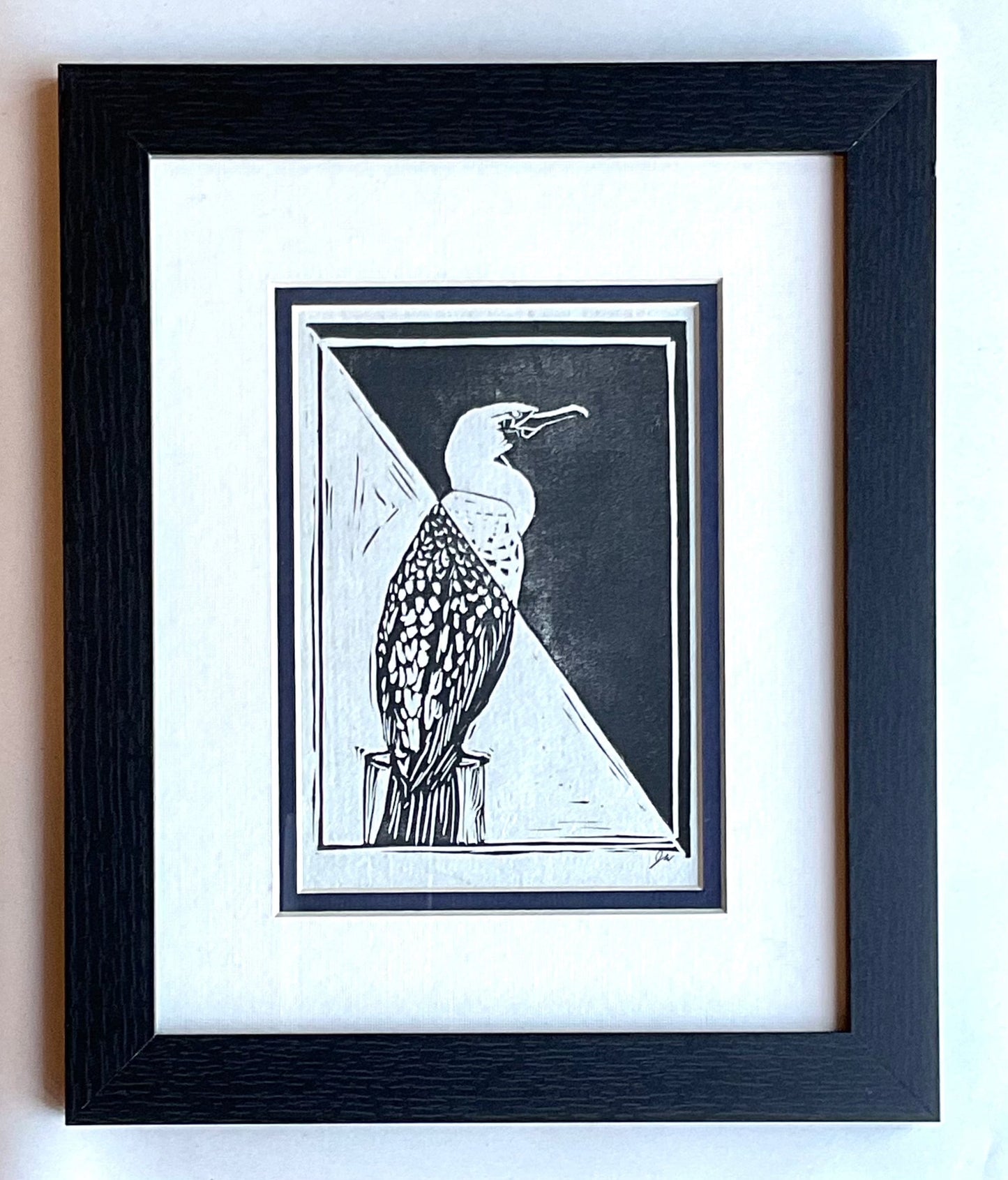 "Cormorant" Block Print J Welsh Consignment With White/Navy Double Mat