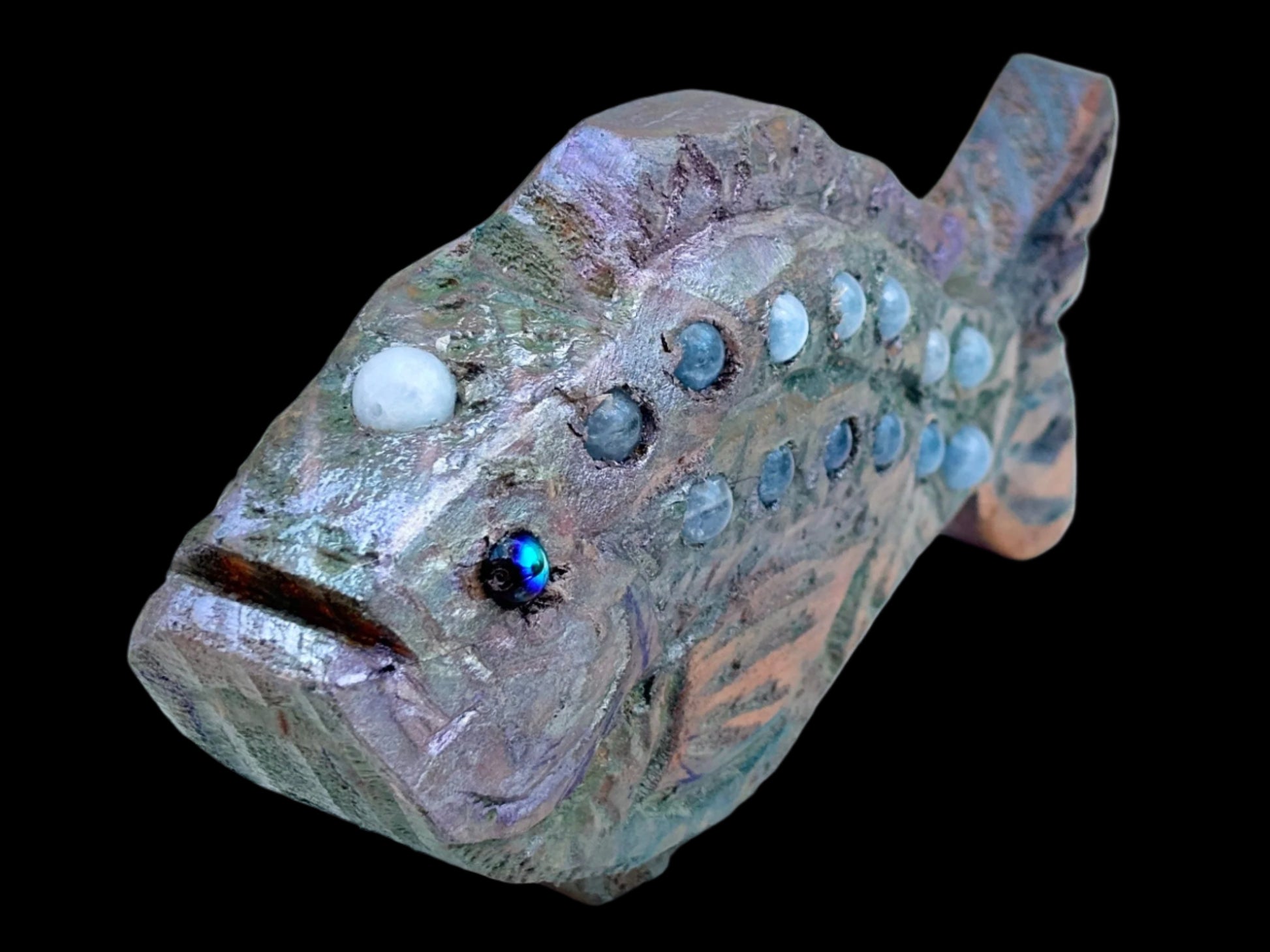Double-sided Wooden Fish with Precious Stone Beads Daniel Floyd Consignment