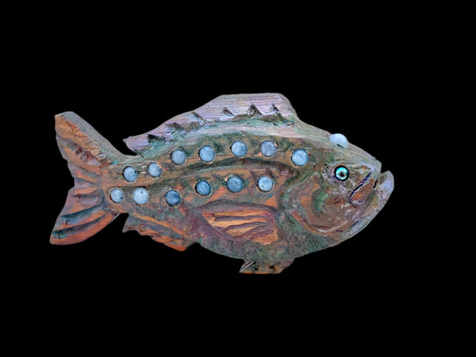 Double-sided Wooden Fish with Precious Stone Beads Daniel Floyd Consignment Gray Fish w/ Quartz : 6.5" X 3.5" X 1.5"