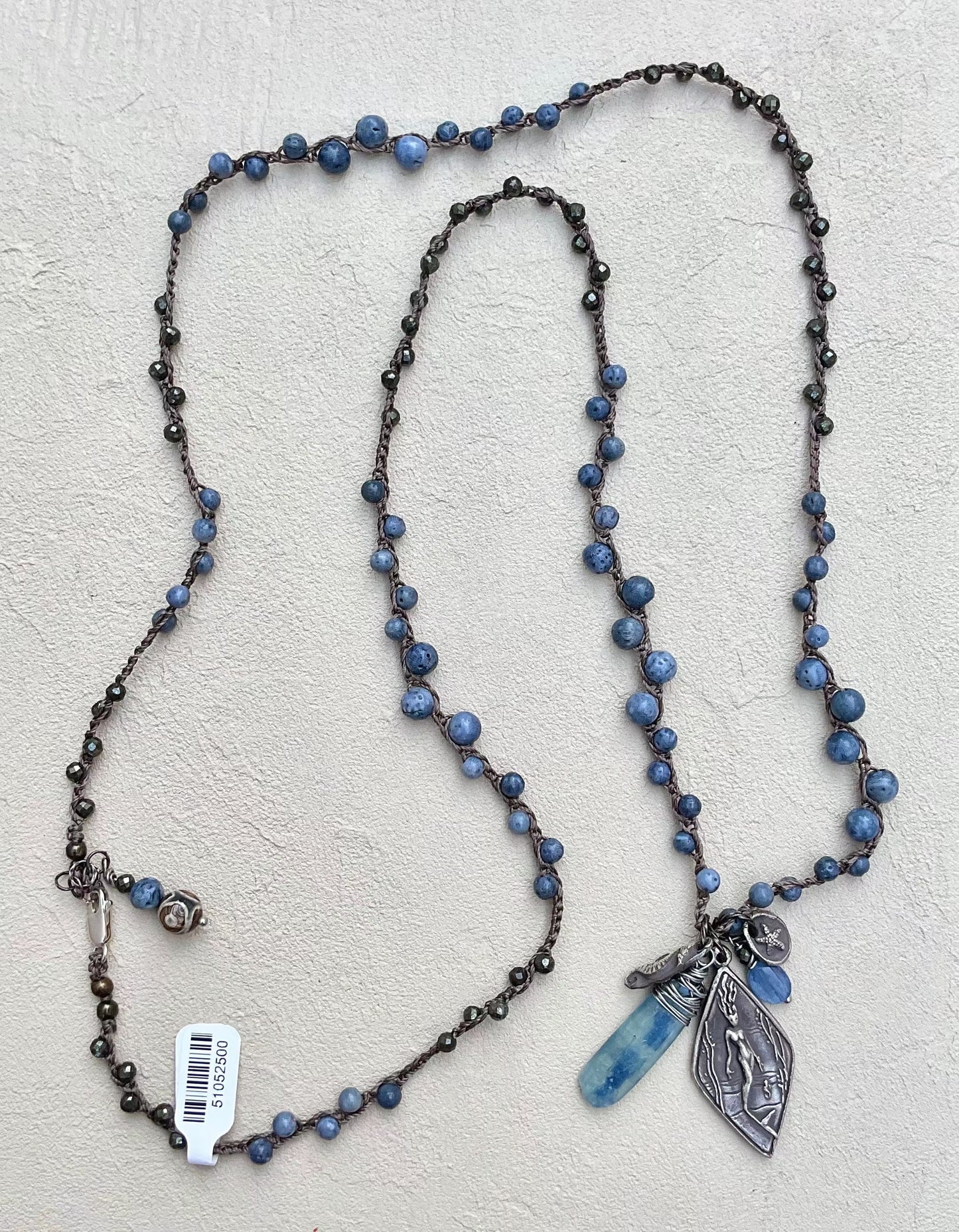 Fine Silver Casino Mermaid Pendant on Beaded Necklace Heidi Duran Inventory Blue Sponge Coral and Pyrite