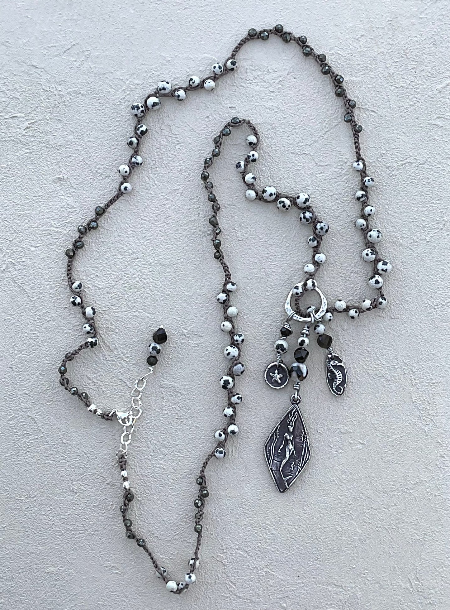 Fine Silver Casino Mermaid Pendant on Beaded Necklace Heidi Duran Inventory Dalmatian Jasper and Onyx