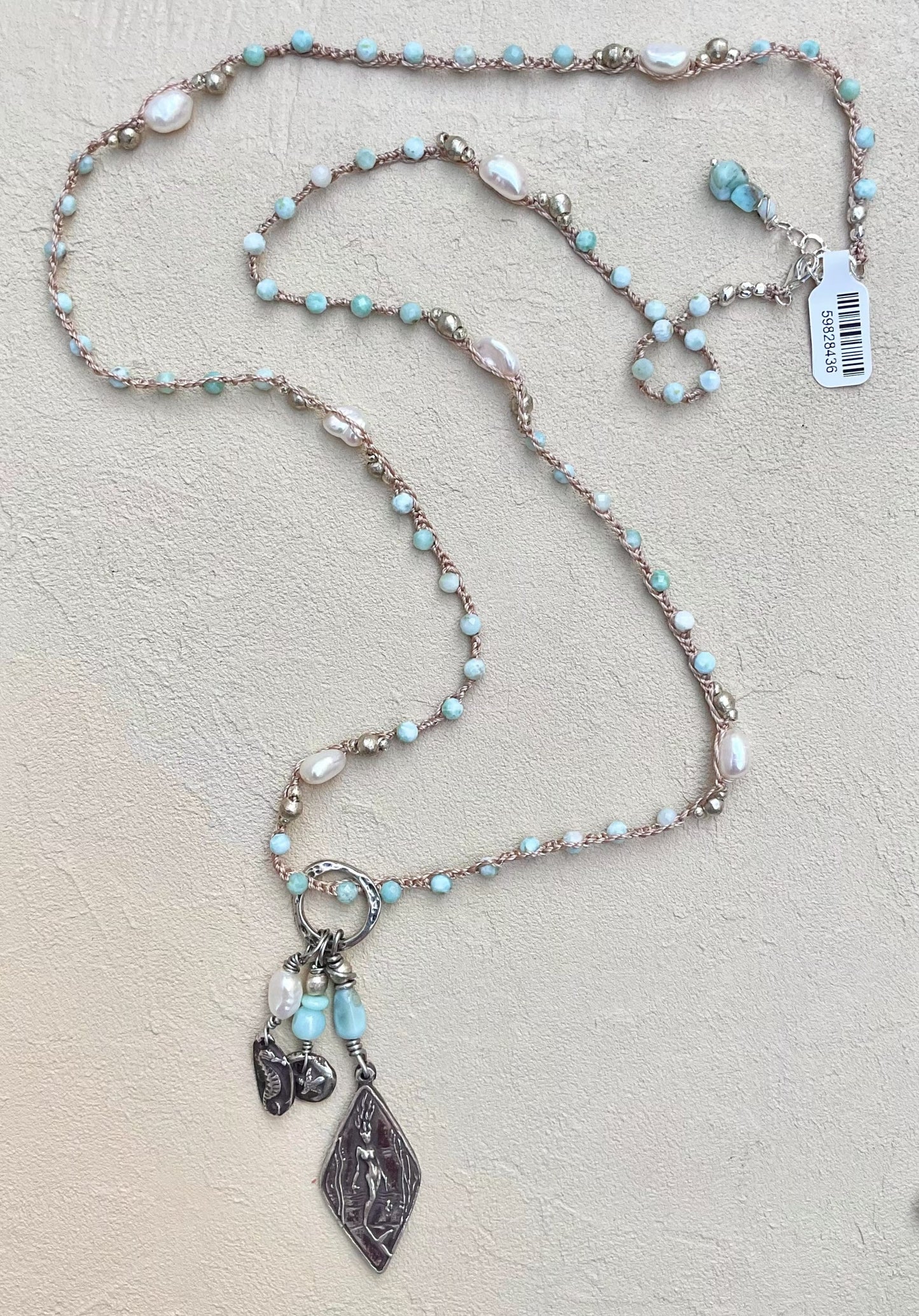 Fine Silver Casino Mermaid Pendant on Beaded Necklace Heidi Duran Inventory Larimar and Pearls with silver beads