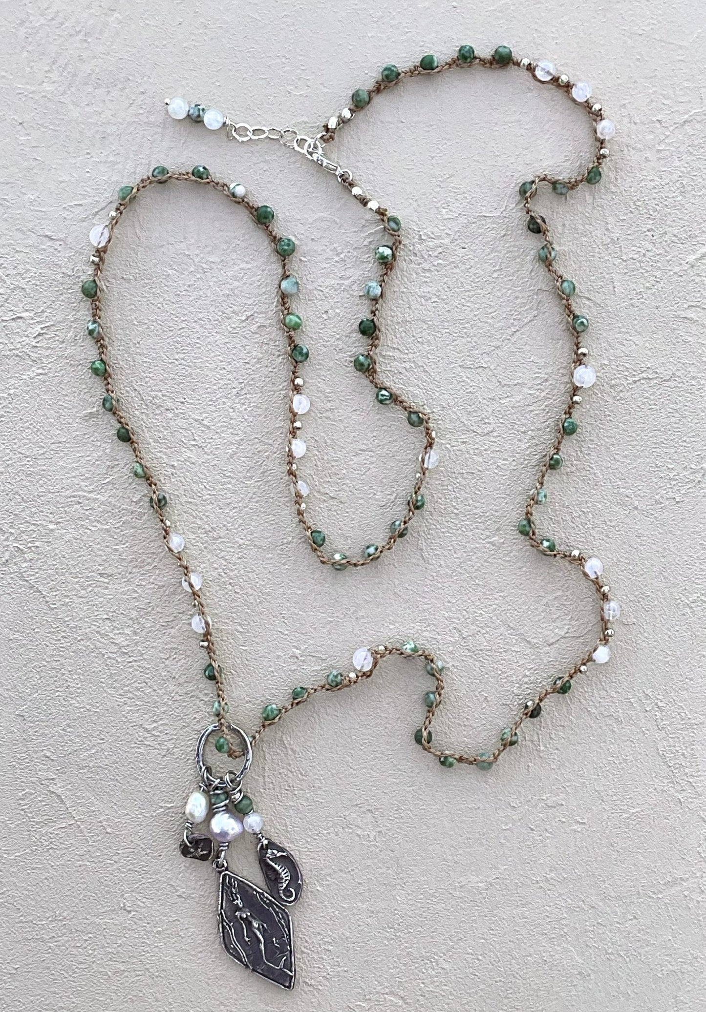 Fine Silver Casino Mermaid Pendant on Beaded Necklace Heidi Duran Inventory Moss Jasper and Moonstone