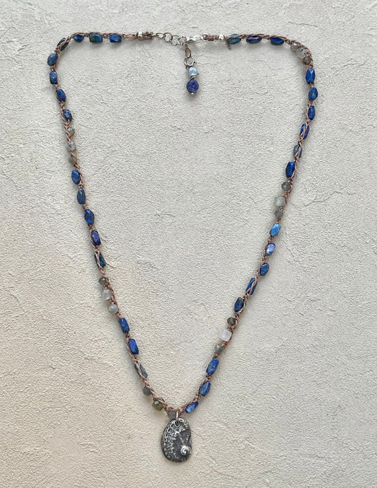 Fine Silver Charm on Woven Beaded Necklaces Heidi Duran Inventory Abalone Pendant : Faceted Labradorite and Lapis (19.5"/20.5")