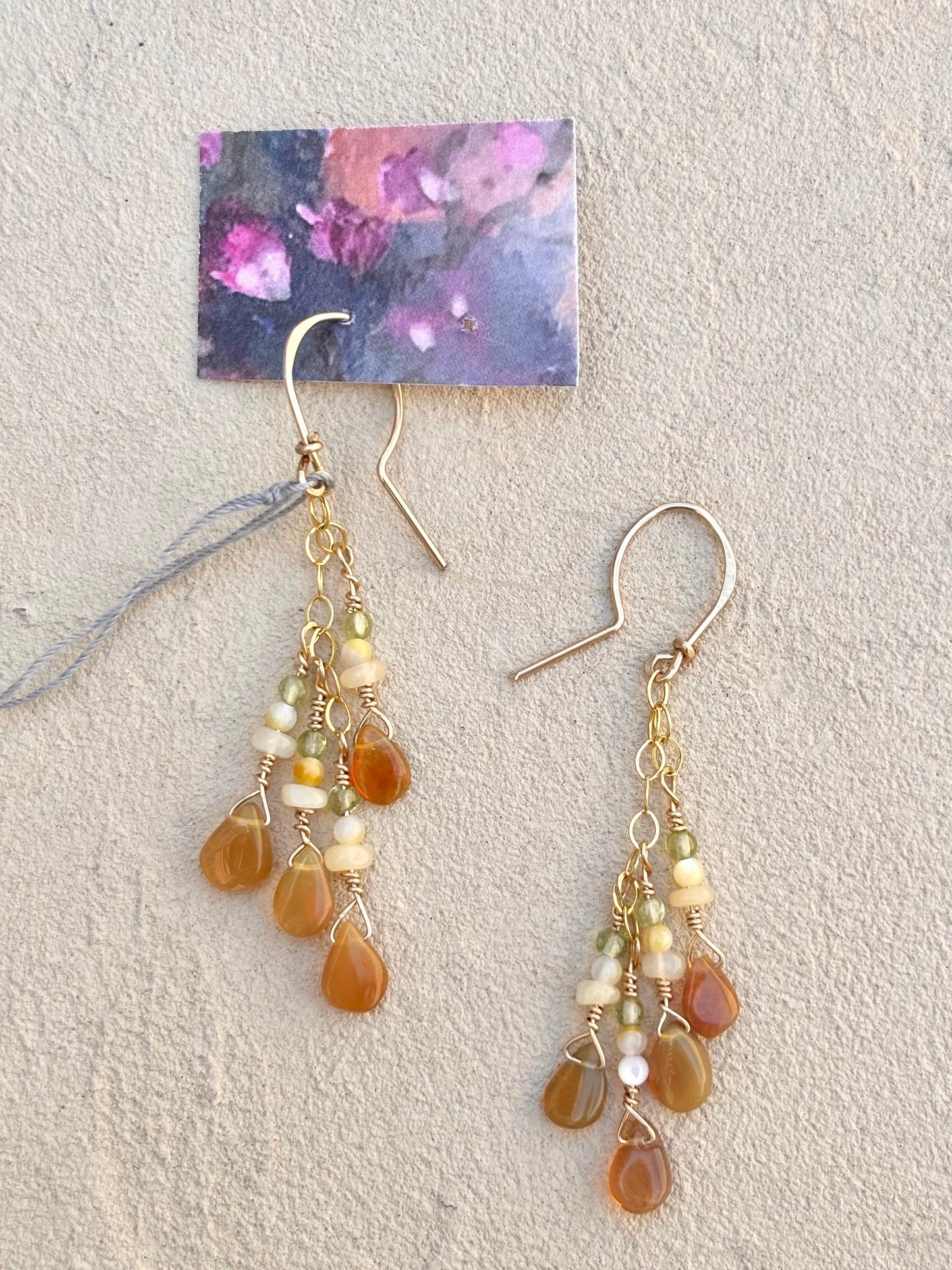 Fire Opal 14K GF Earrings Elise Peters Inventory Mother of Pearl Peridot and Mexican Opals
