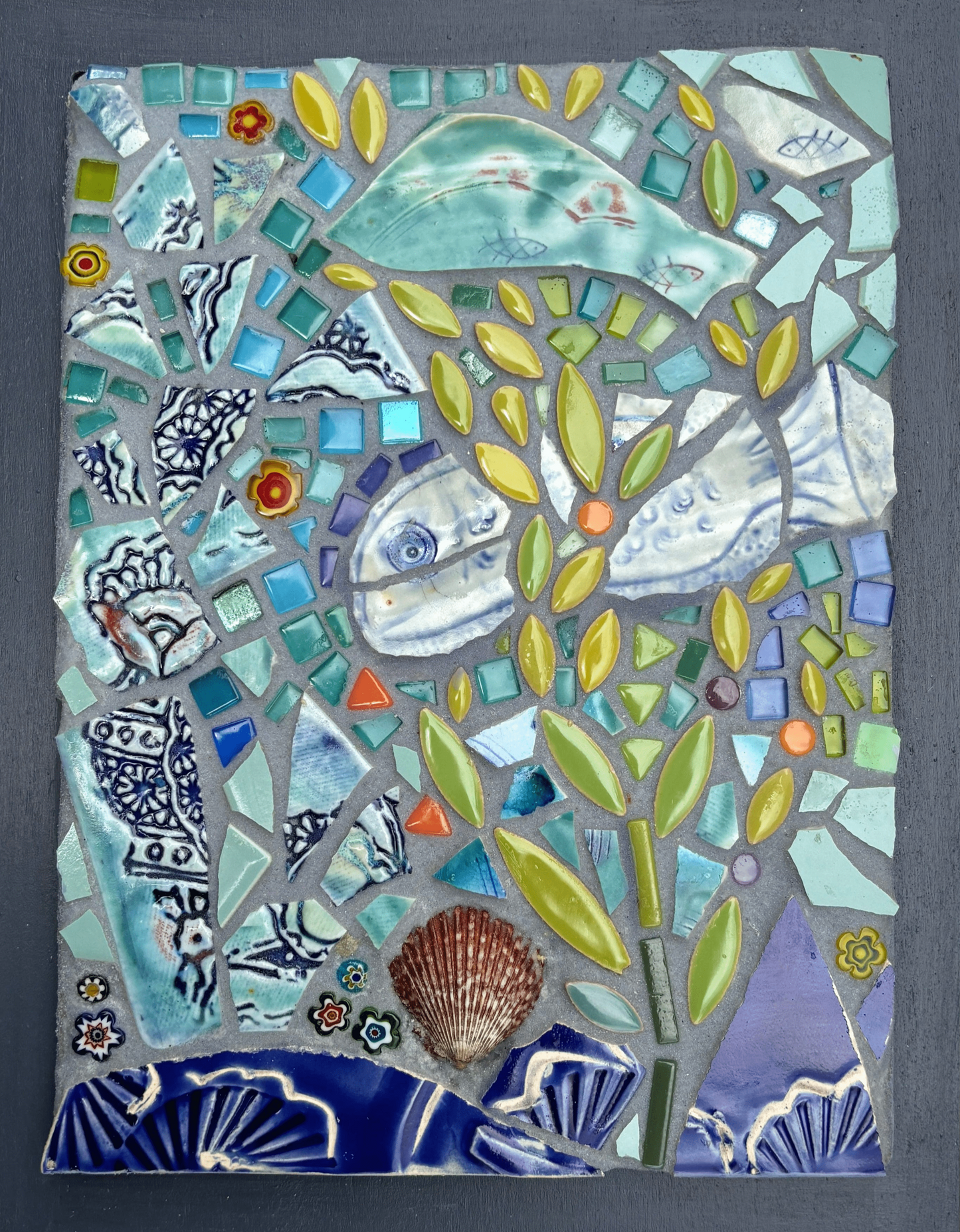 Fish and Seashell Mosaic Panel - Framed Marion Dies Consignment