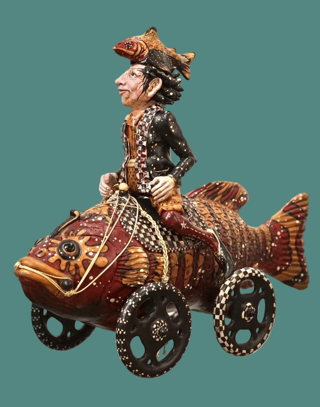 "Fish Car with Driver" - Ceramic Sculpture Tom Hatton Consignment
