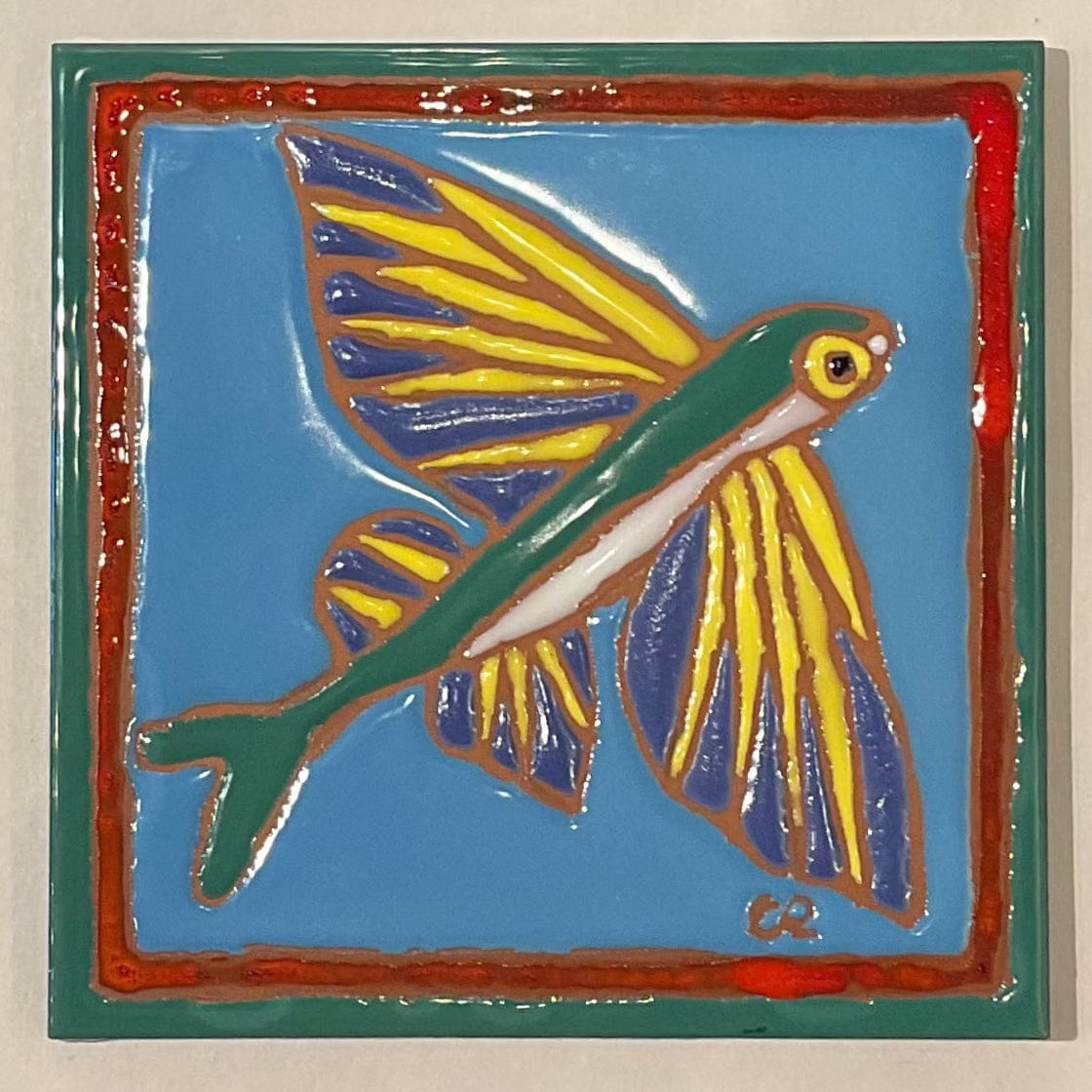 "Flying Fish" Tile 6" x 6" Chris R Inventory Blue Background