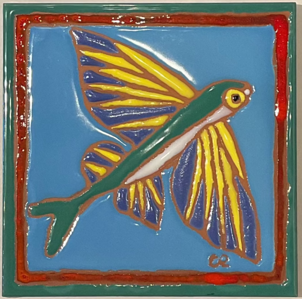 "Flying Fish" Tile 6" x 6" Chris R Inventory Blue Background