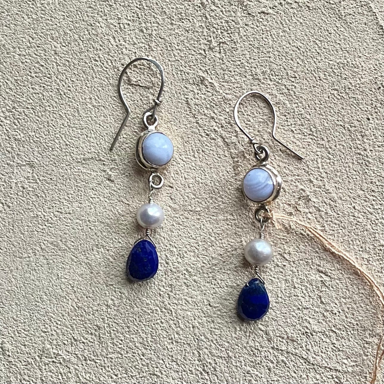 Fresh Water Pearls with Semi-Precious Stone Earrings Elise Peters Consignment 2.25" Lapis Agate and Pearl