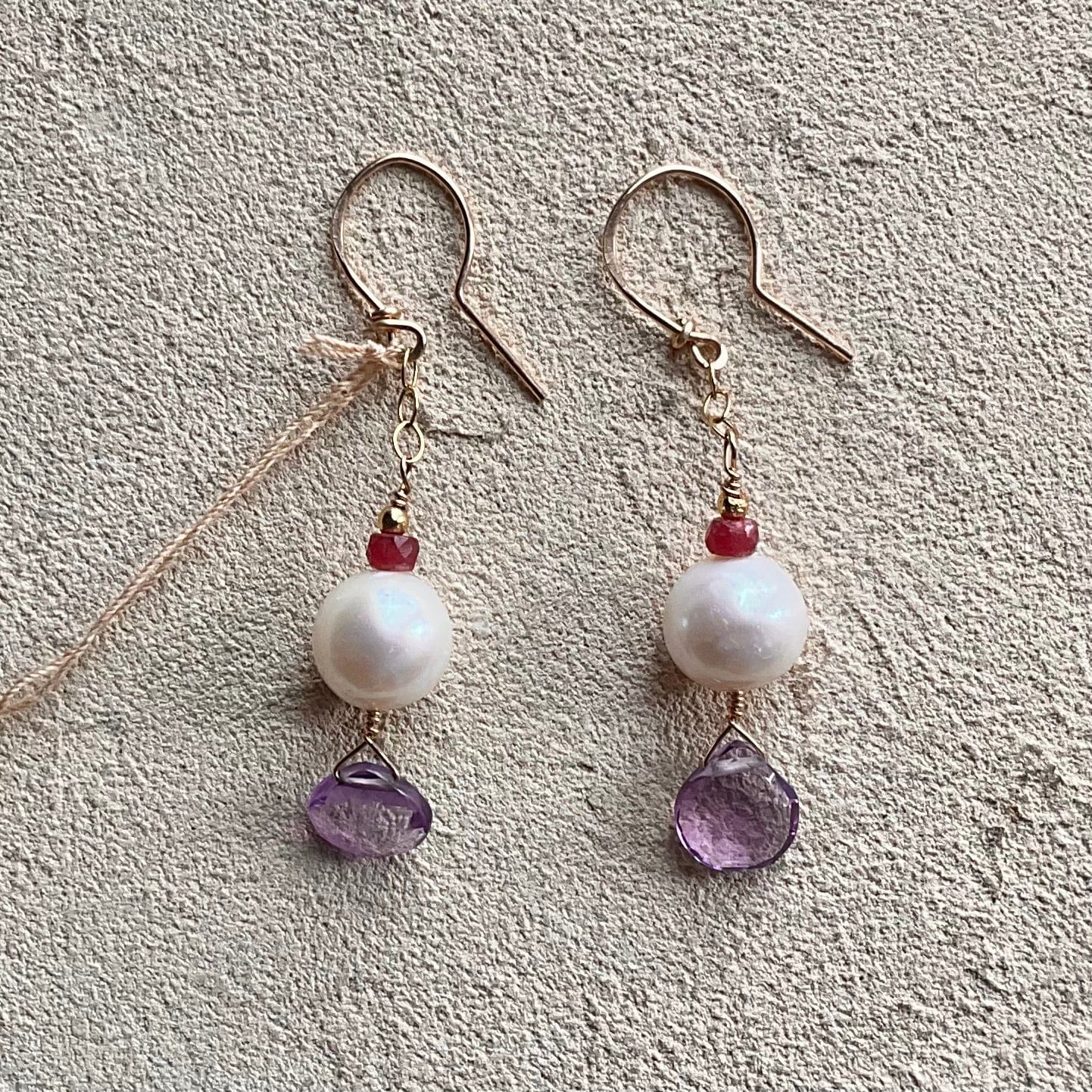 Fresh Water Pearls with Semi-Precious Stone Earrings Elise Peters Consignment 2" Ruby pearl and Amethyst