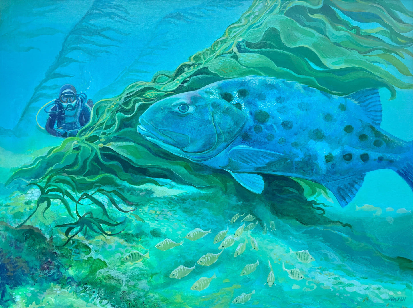 "Giant Black Seabass" Original Acrylic Painting on Canvas Stephen Holman Consignment