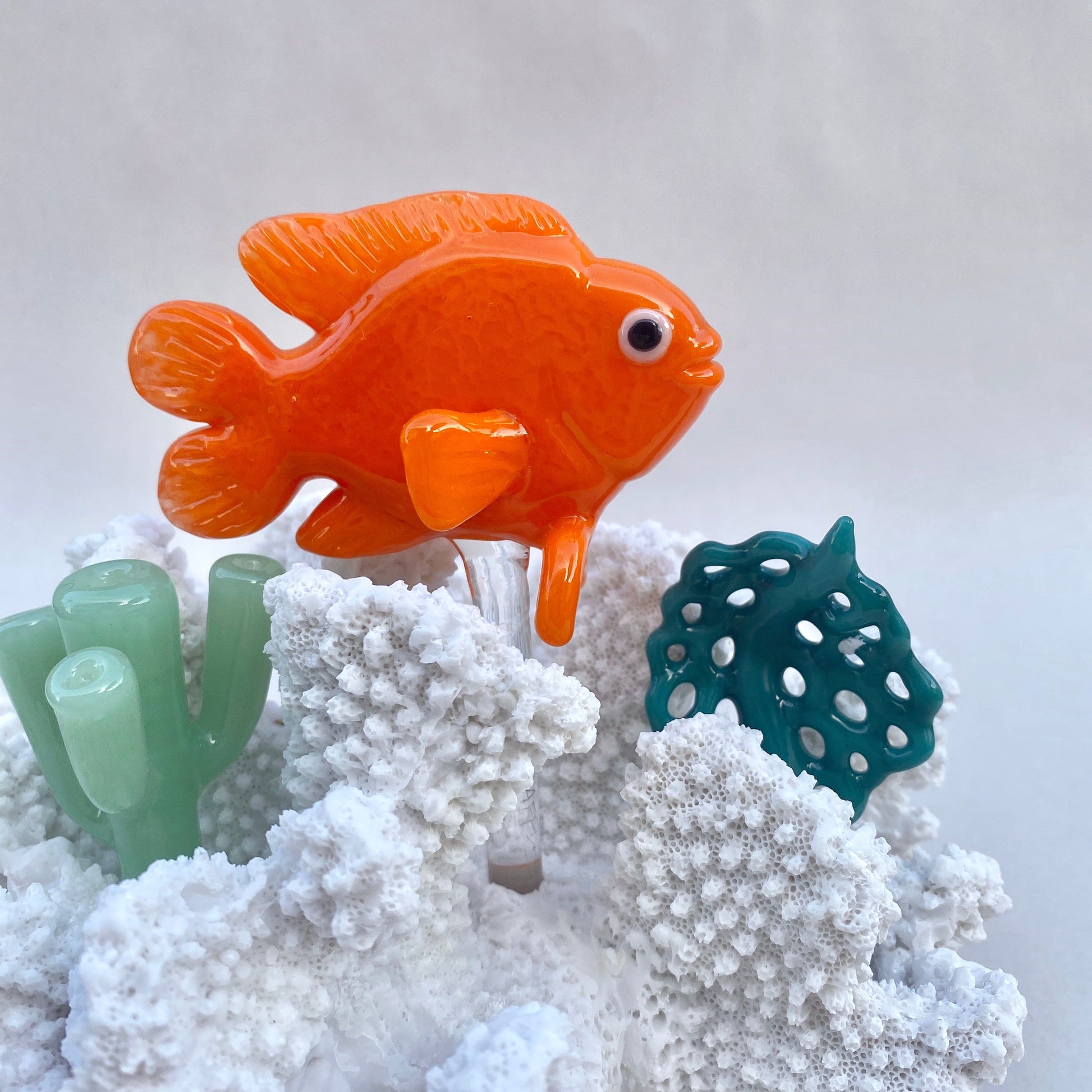 Hand Blown Glass Garibaldi in Coral Reef Sculpture M. Hawthorne Consignment