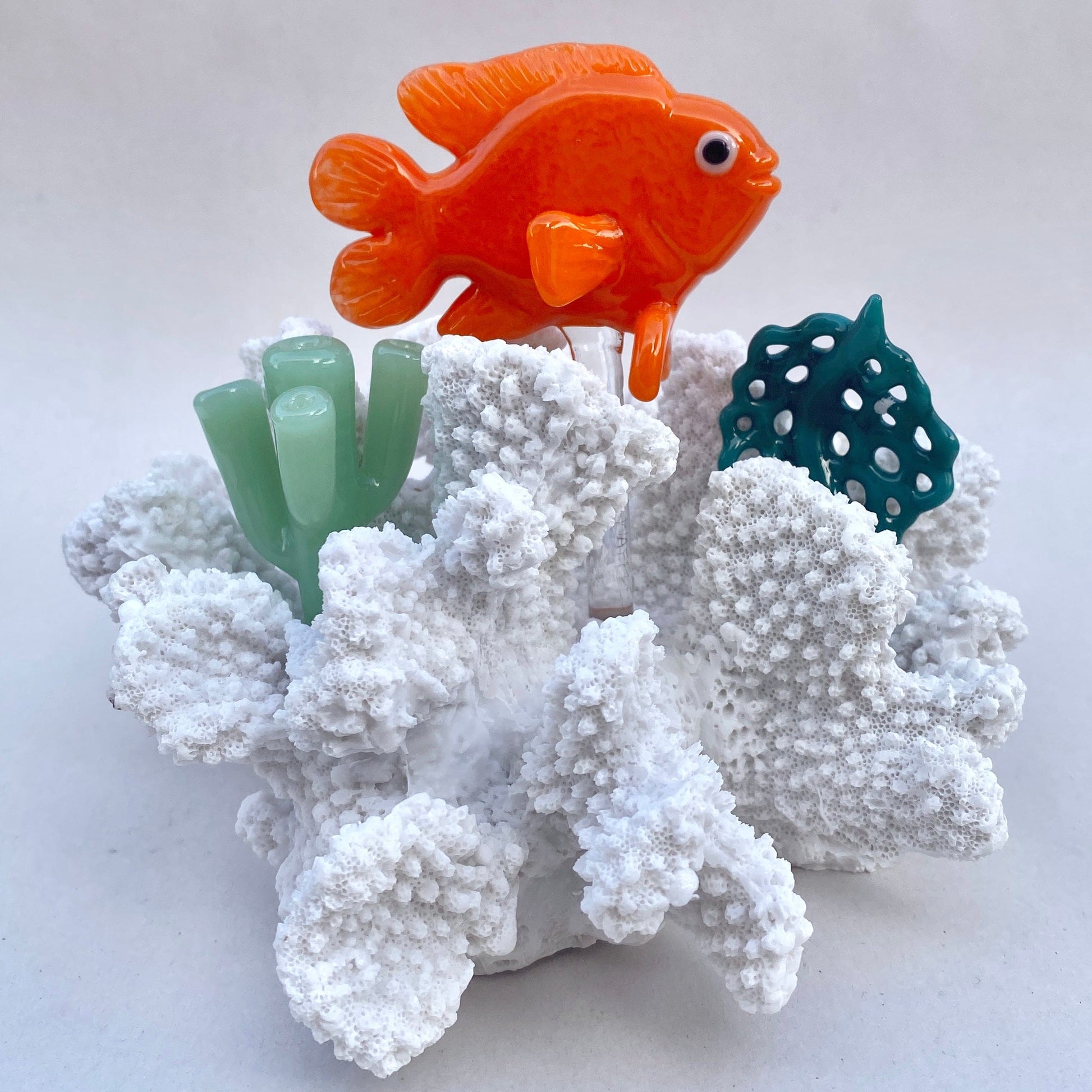 Hand Blown Glass Garibaldi in Coral Reef Sculpture M. Hawthorne Consignment