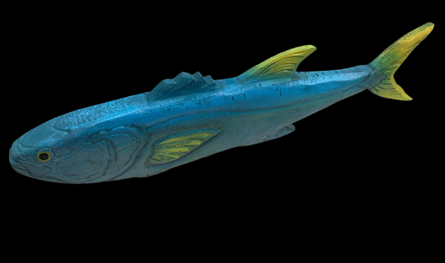 Hand Carved Wooden 3-Dimensional Fish Daniel Floyd Consignment Bright Blue with yellow fins: 23" x 5" x 2"