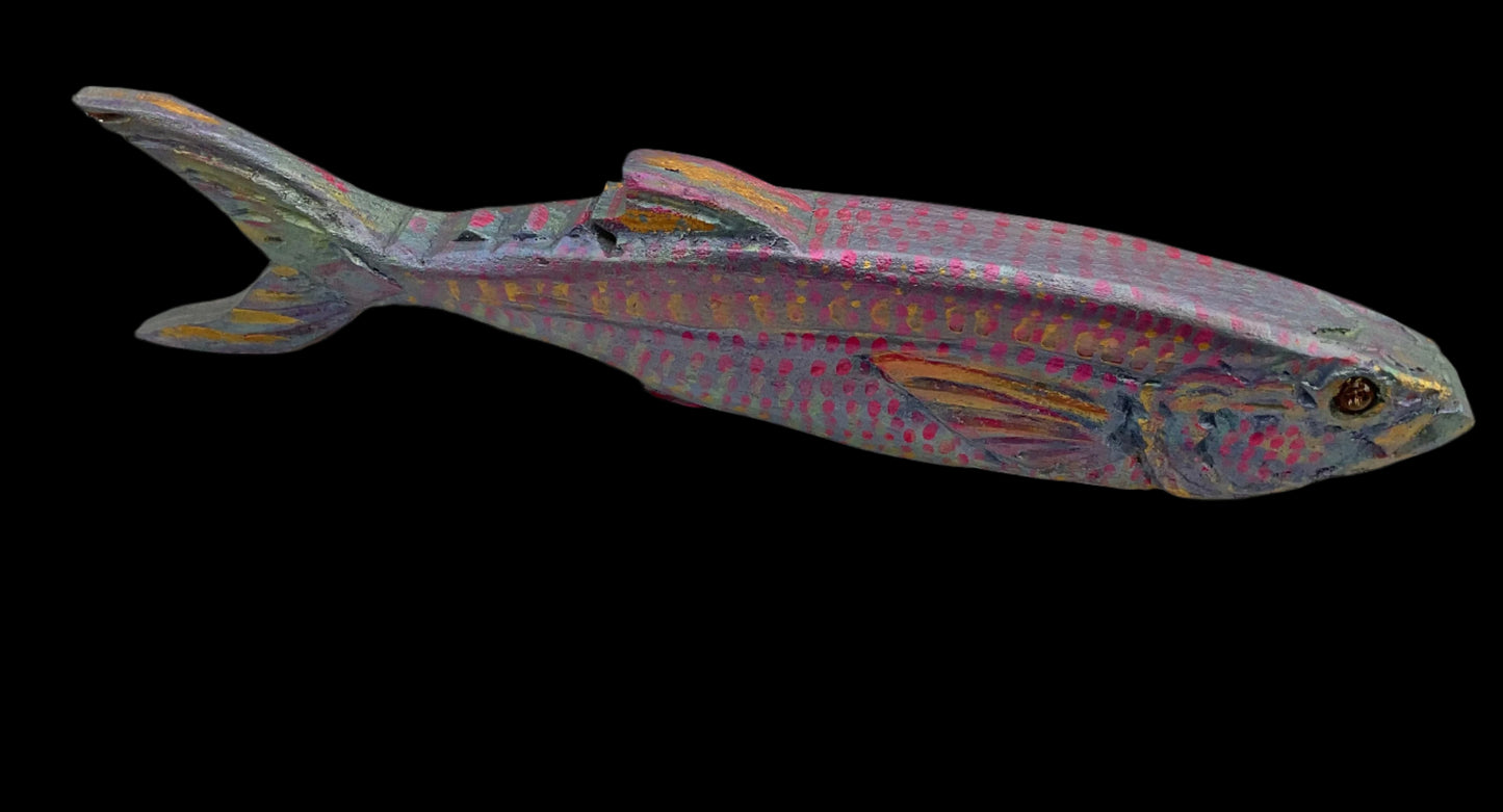 Hand Carved Wooden 3-Dimensional Fish Daniel Floyd Consignment Lavender and magenta scales : 16" x 3.5" x 2"