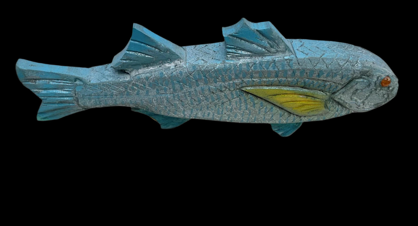 Hand Carved Wooden 3-Dimensional Fish Daniel Floyd Consignment Silver-Blue Yellow Fin Amber eye : 14" x 5" x 1.5"