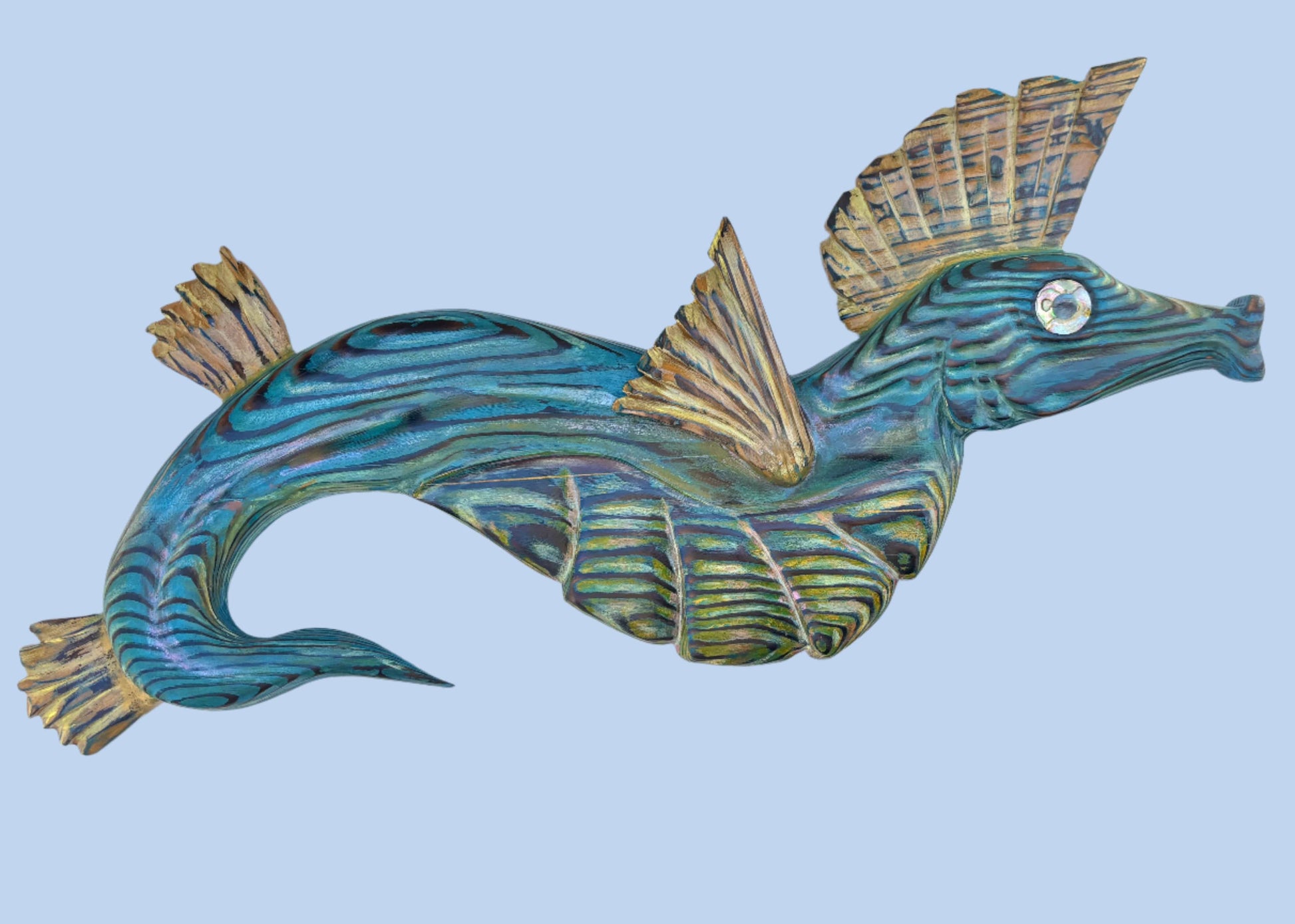 Hand Carved Wooden Seahorse - Blue/Yellow JP Bravo Consignment