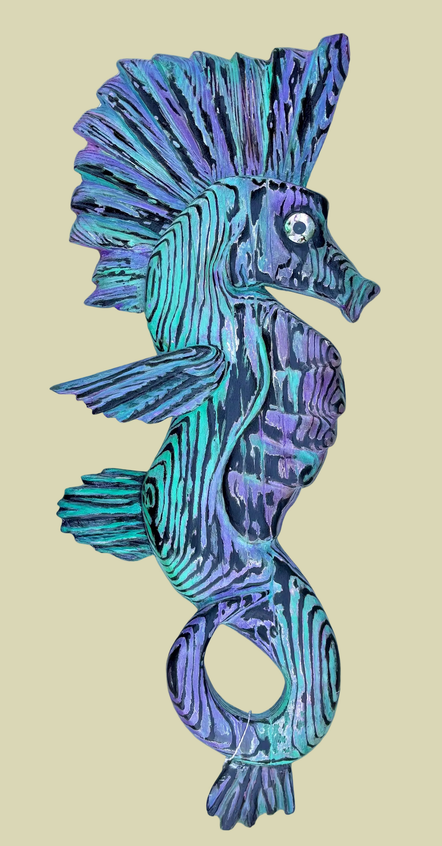 HAND CARVED WOODEN SEAHORSE - TURQUOISE/PURPLE JP Bravo Consignment