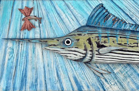Hand Carved Wooden Striped Marlin with Flying Fish -Framed JP Bravo Consignment