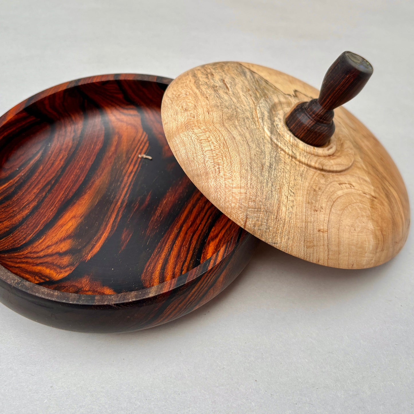 Hand Turned Wooden Box Laughing Moon Consignment Cocobolo/Ambrosia Maple w/Abalone : 6" x 3.75"